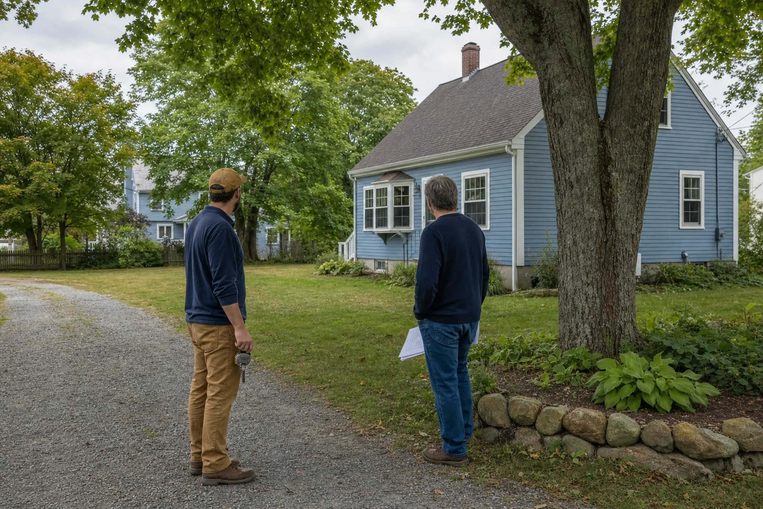 Two men stand on a gravel path near a blue house with white trim and a large tree.
