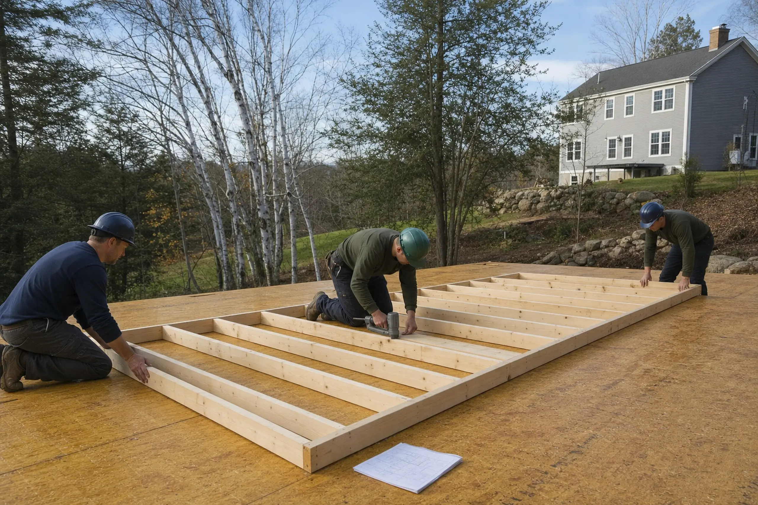 Three workers in helmets assembling a wooden frame on a plywood floor outdoors near a gray house.