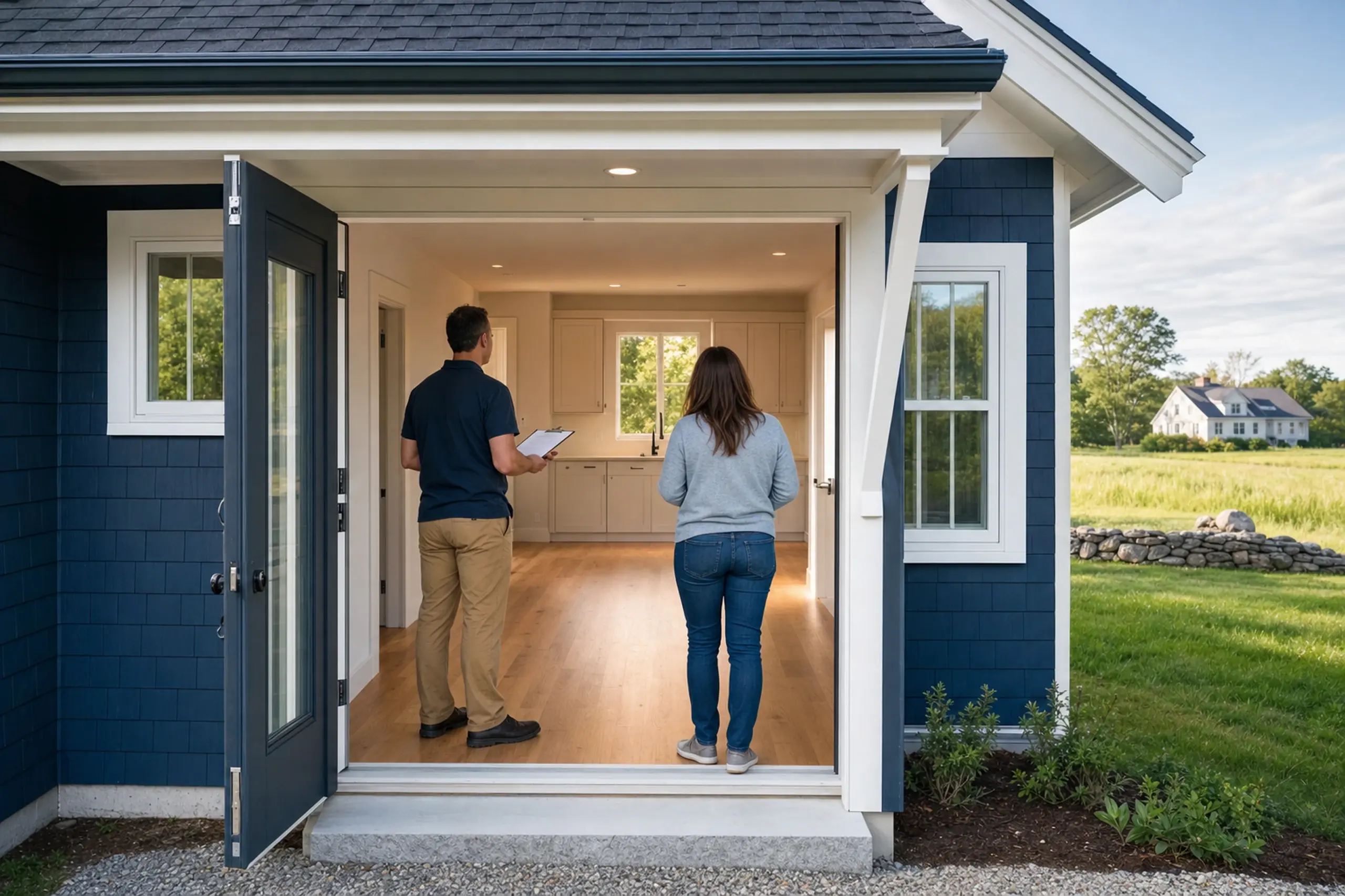 Blue house exterior with white trim, open door, two people inside, and a green field outside.