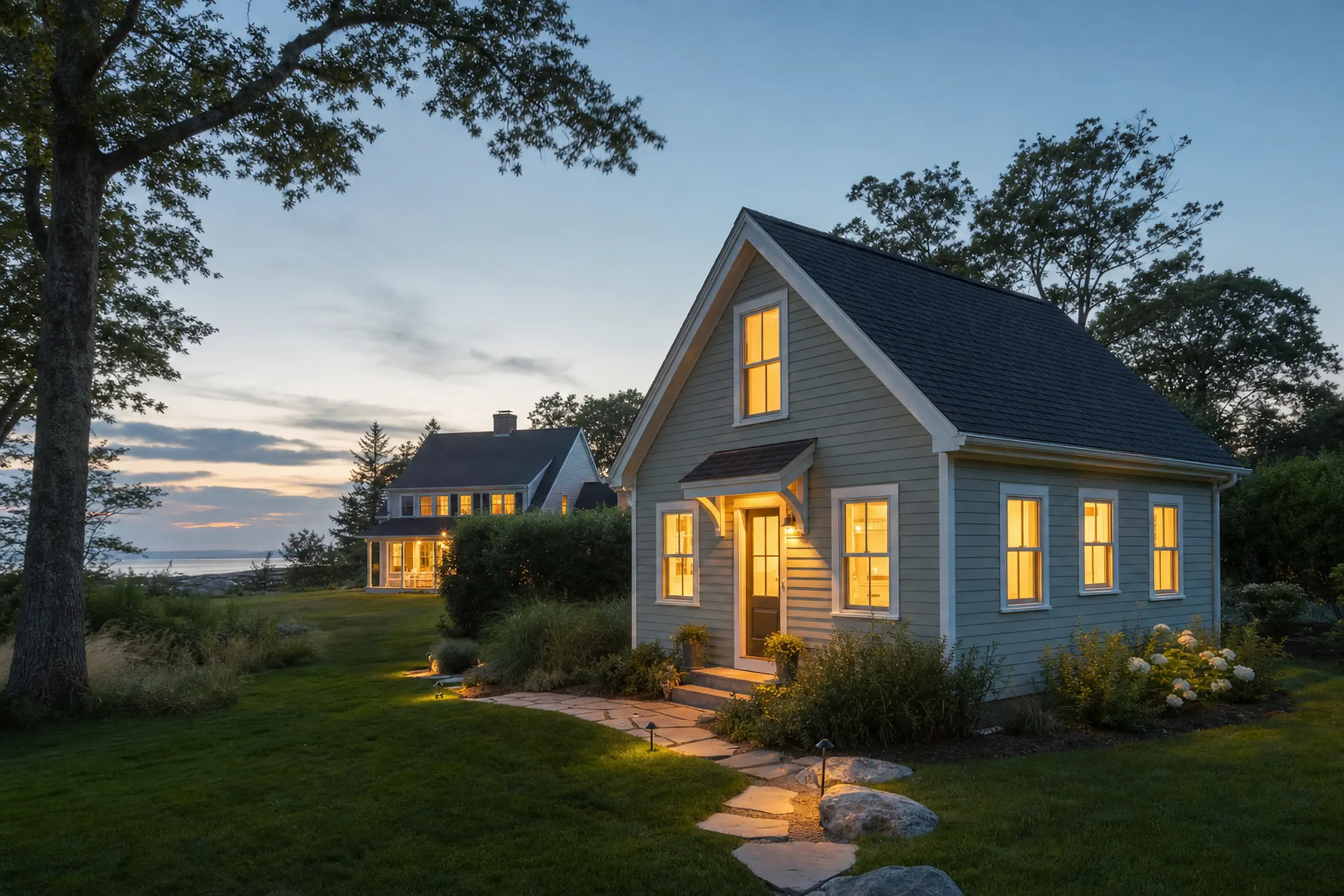 Two gray houses with lit windows in a grassy yard at dusk with trees and a stone path.
