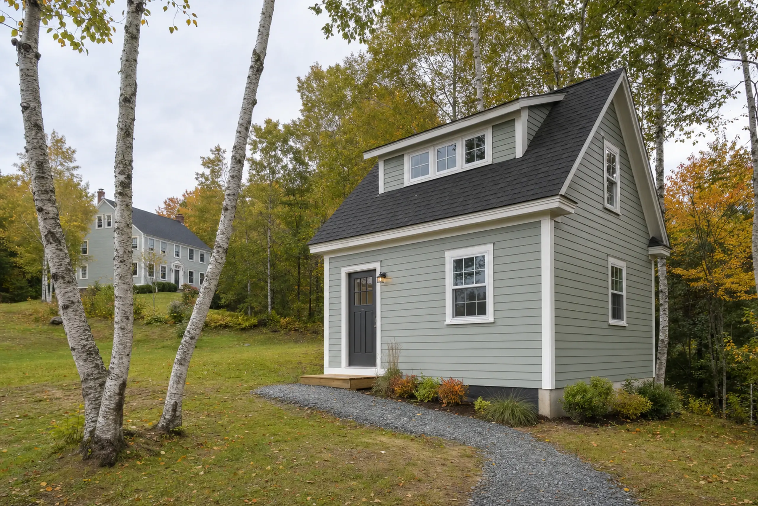 Small gray house with white trim and black roof in a grassy area with trees and a gravel path.