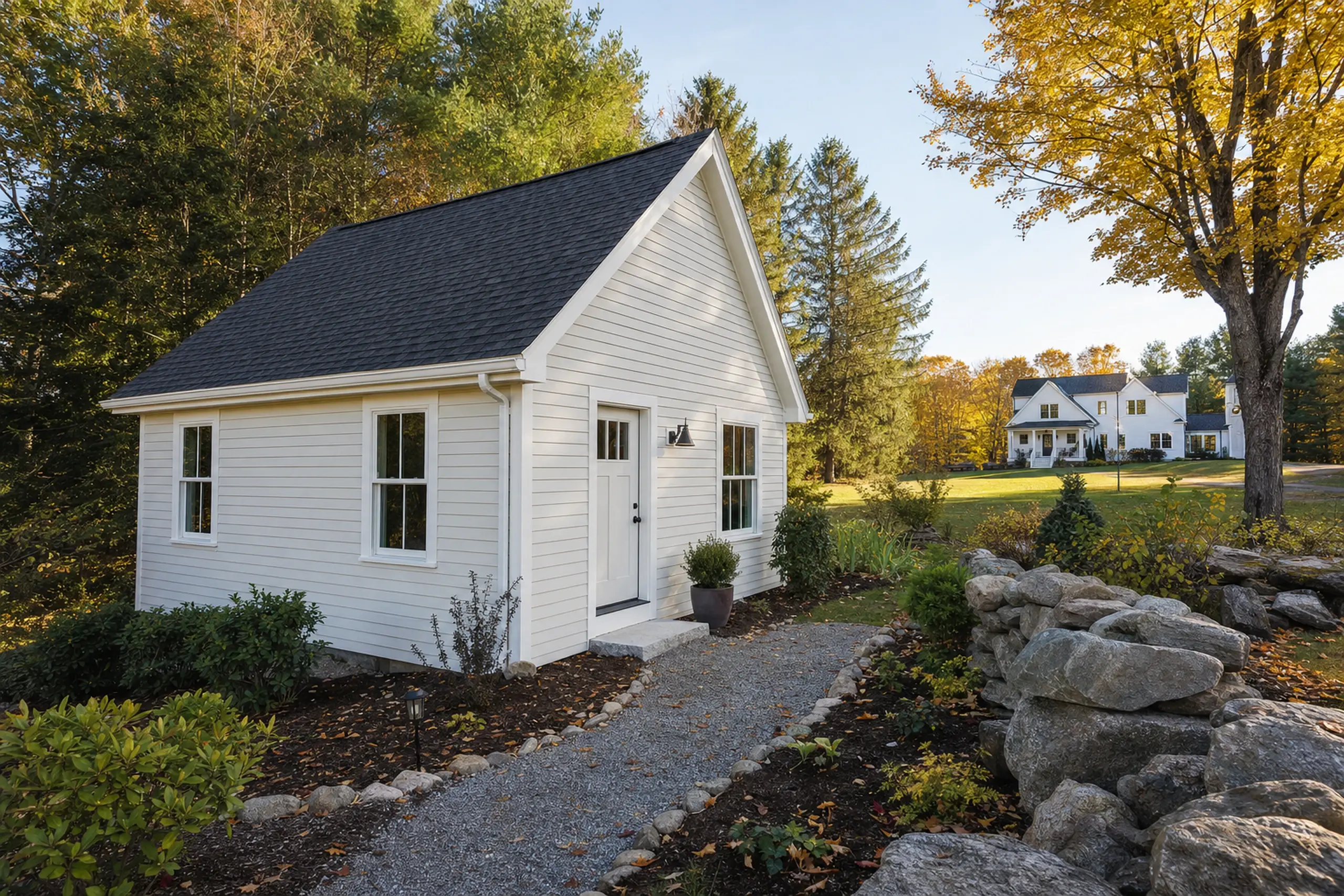 Small white house with black roof in a garden setting with trees and stone wall.