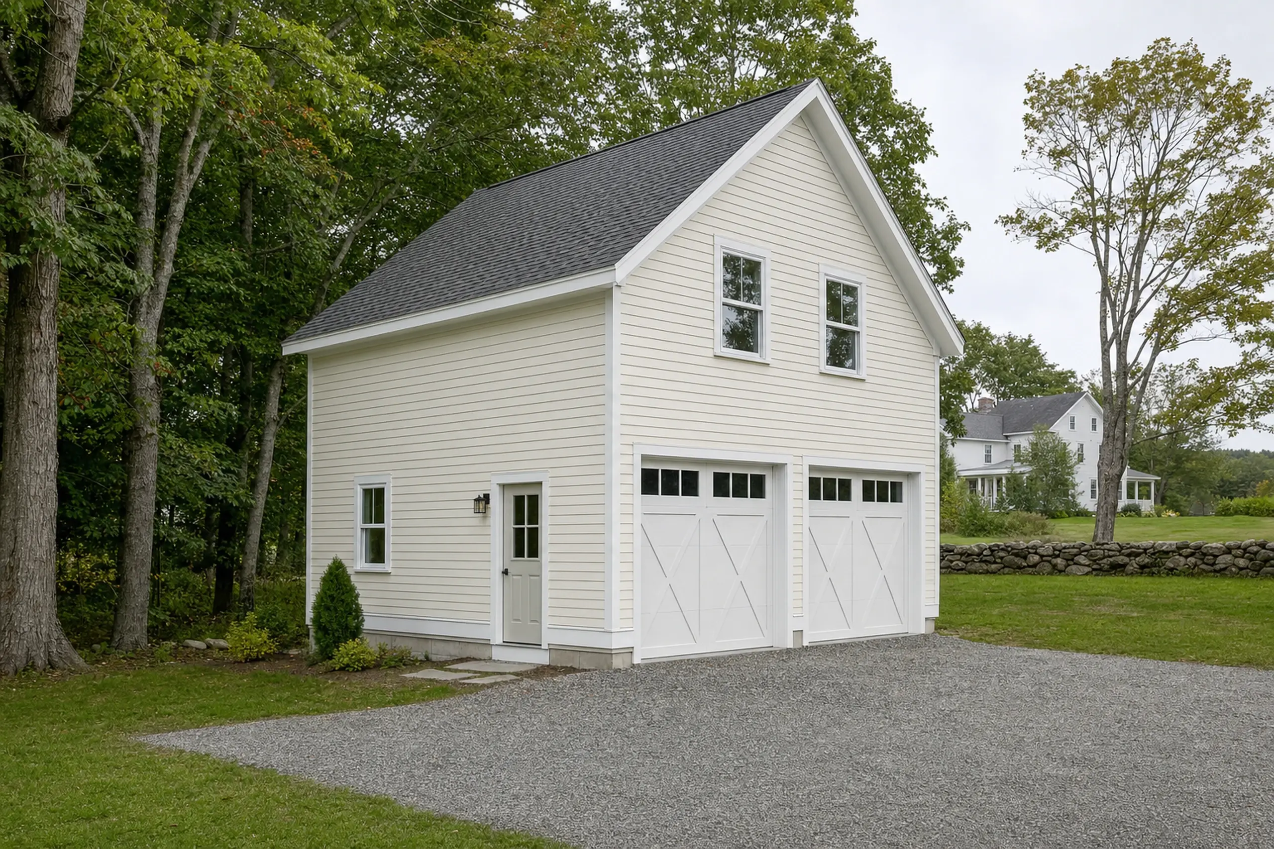 Light yellow two-car garage with white trim in a green yard near trees and a stone wall.