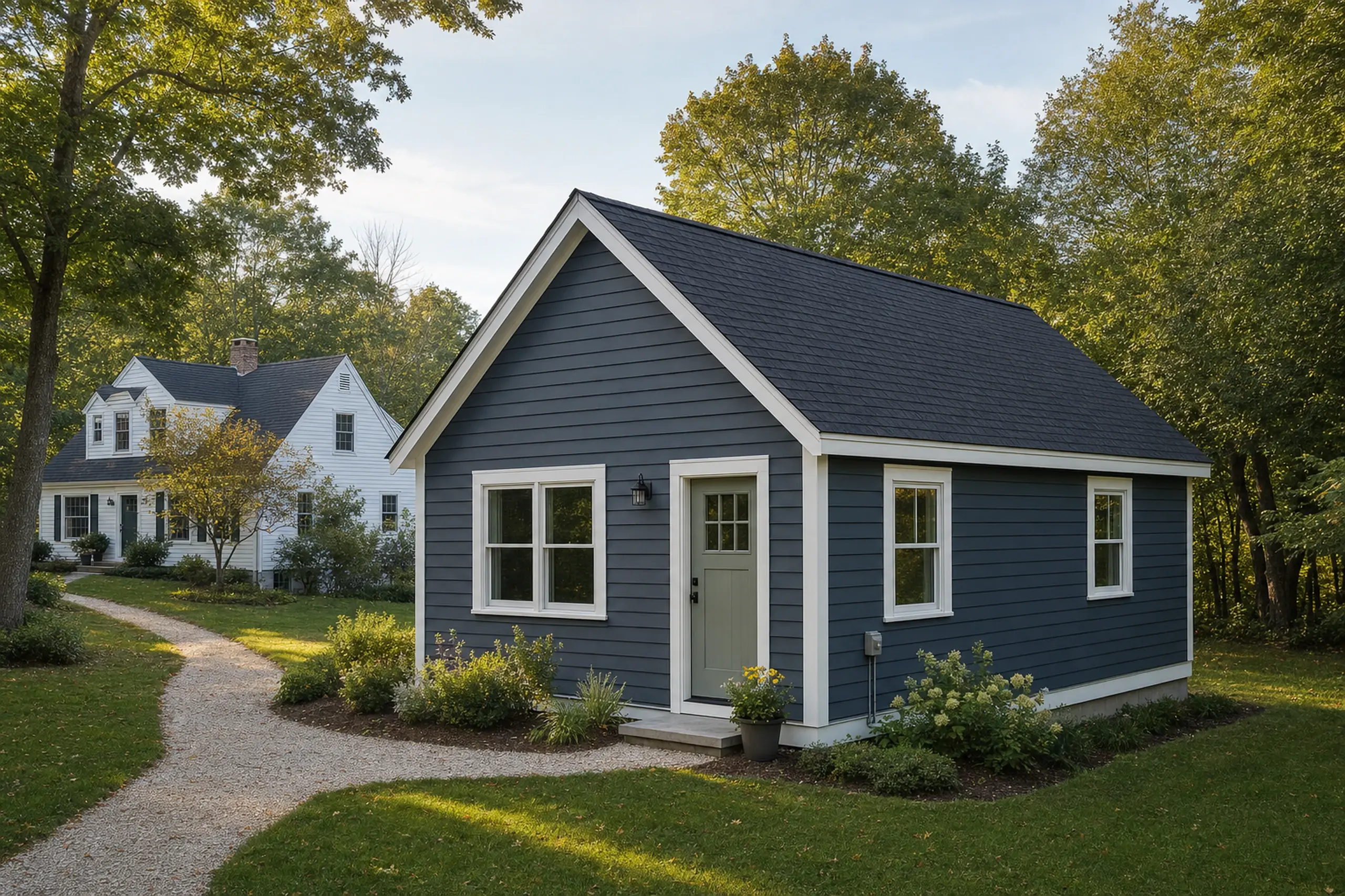 ADU builders in Standish, ME: Blue single-story house with white trim in a green yard with trees and a gravel path.