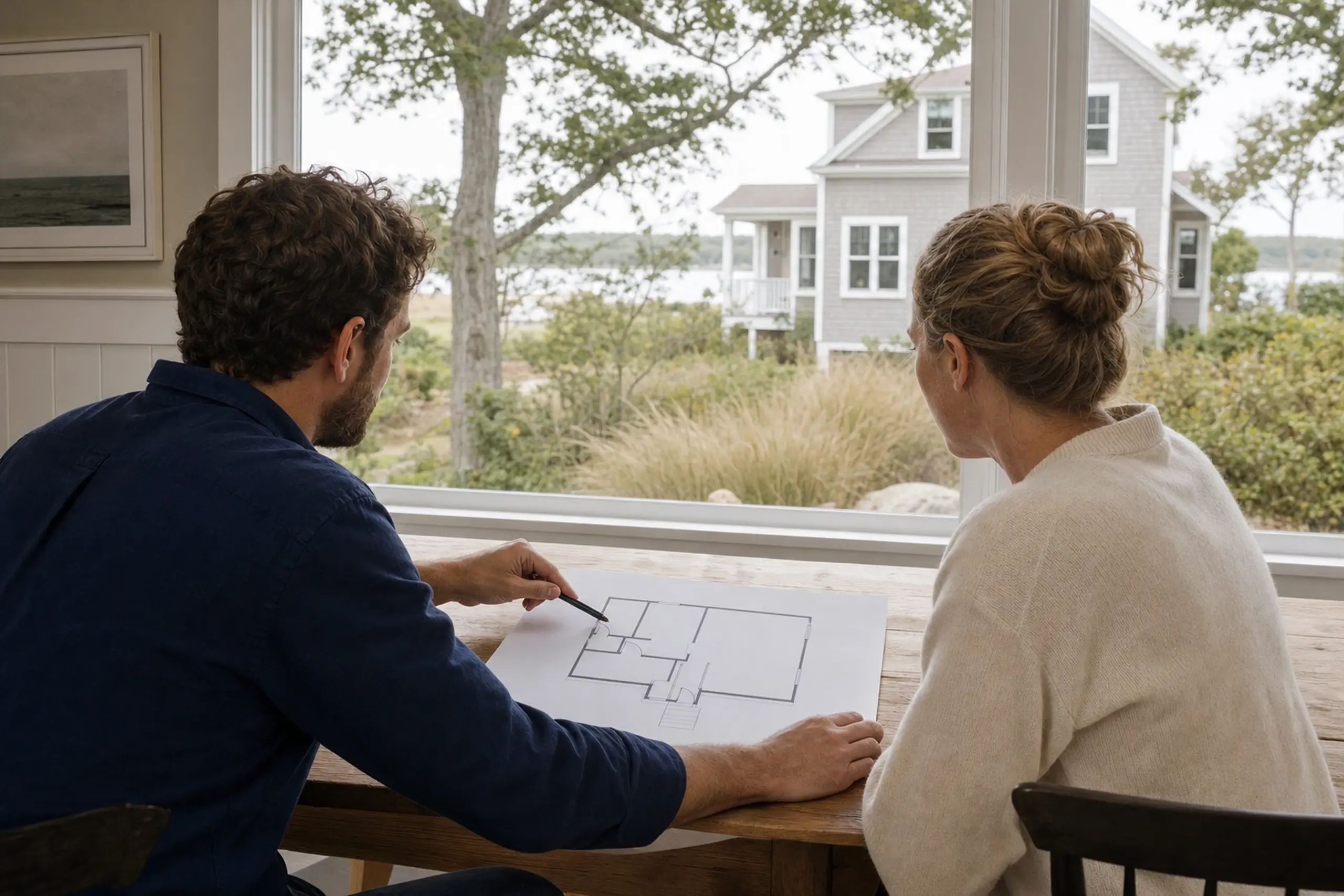 Two people inside looking at a house floor plan with a gray house visible outside the window.