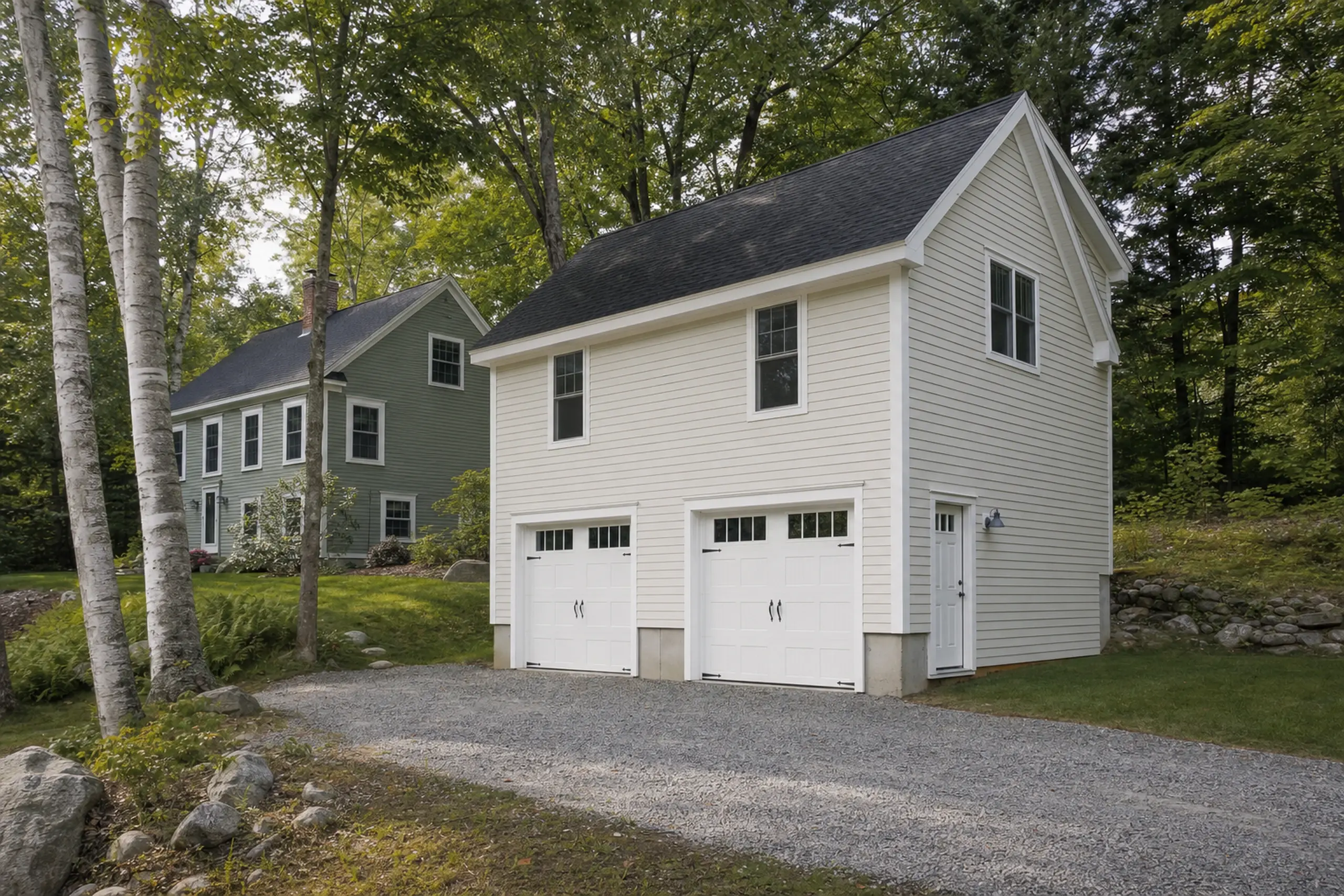 White two-car garage building with black roof in a green wooded setting and gravel driveway.
