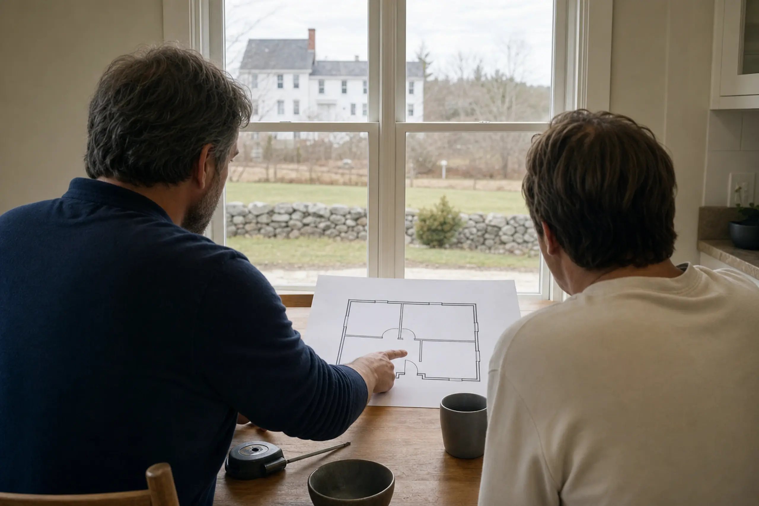 Two men sit at a wooden table looking at a floor plan near a window with a stone wall outside.