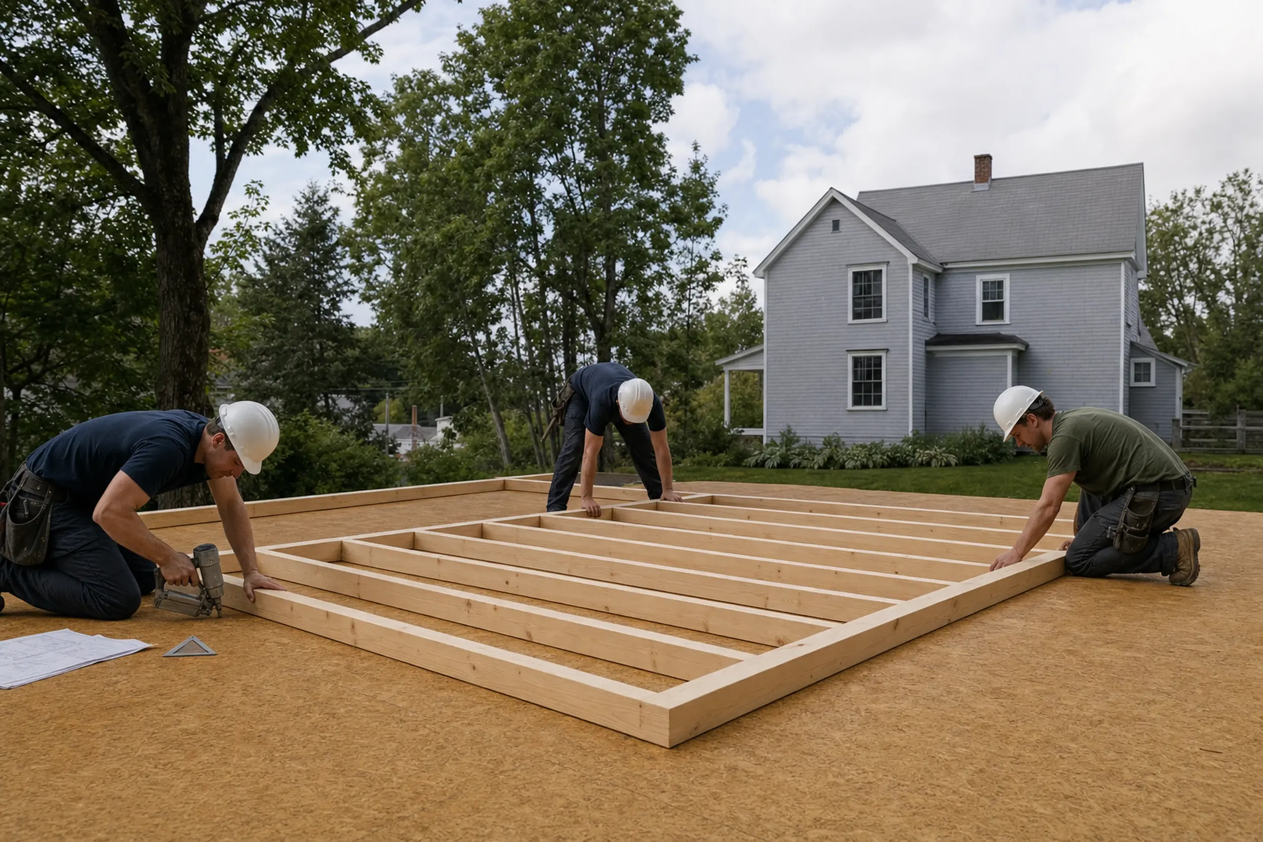 Three workers in helmets assembling a wooden frame on a plywood floor outside a gray house.