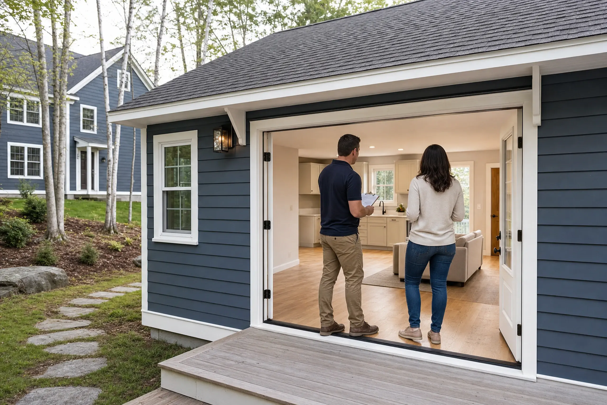 Blue house with white trim and open doors showing two people inside a bright room.