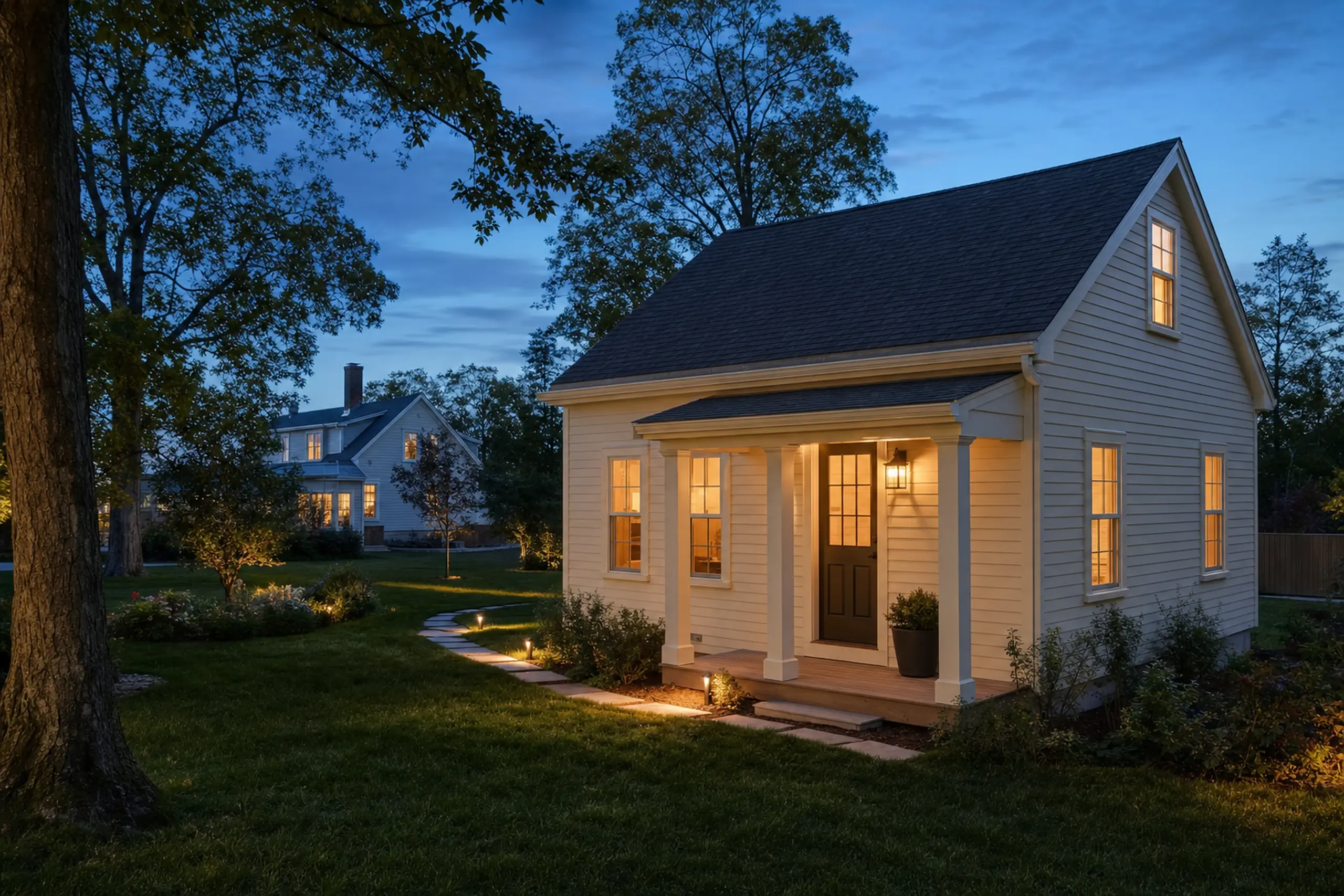 Small beige house with lit windows and porch light in a grassy yard at dusk.