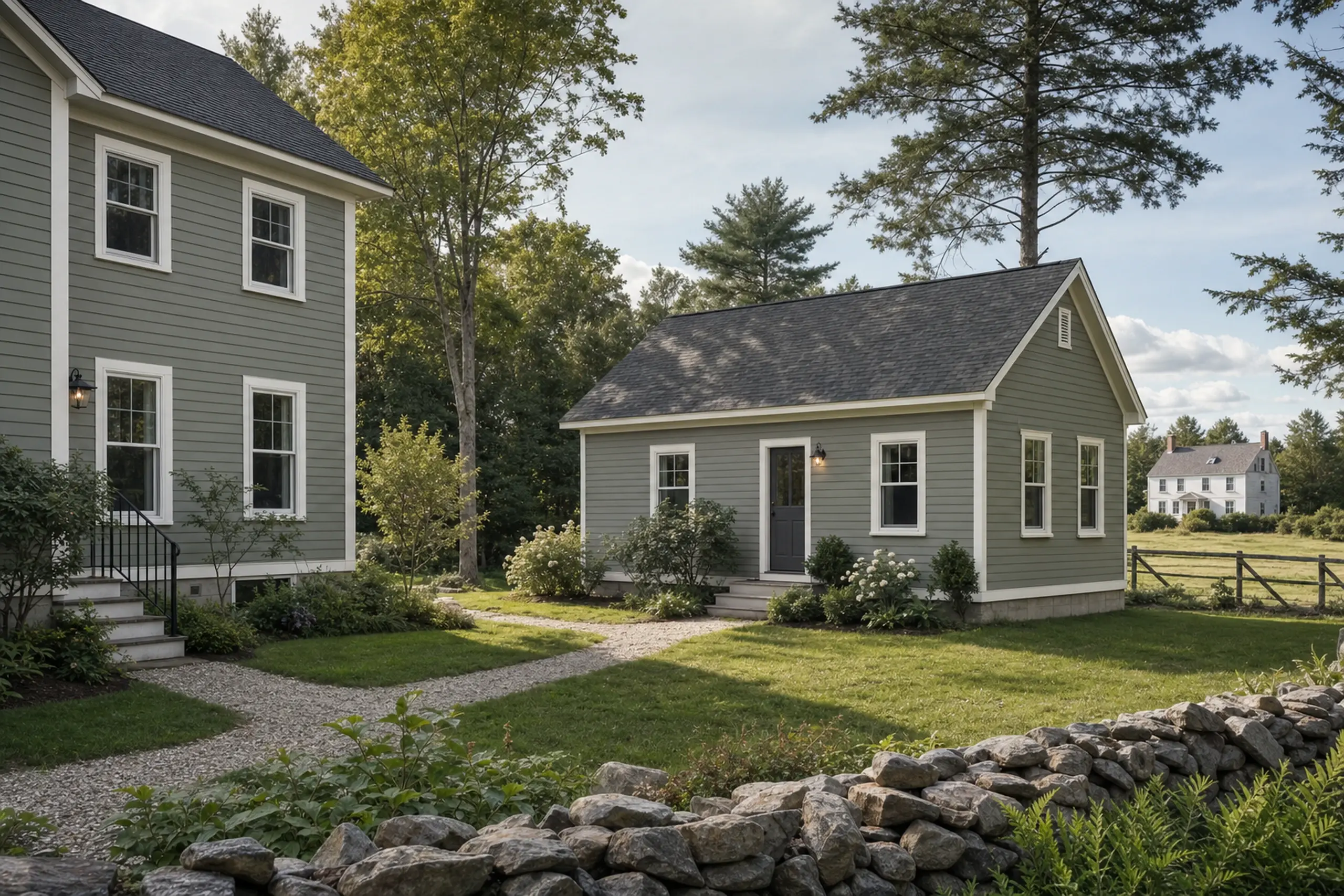 Two gray houses with white trim in a green yard with trees and a stone fence.