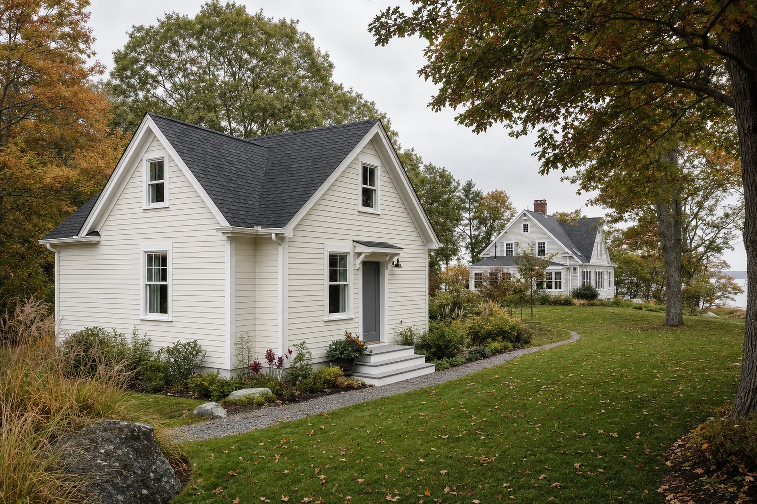 Two white houses with dark roofs in a green yard with trees and autumn leaves.