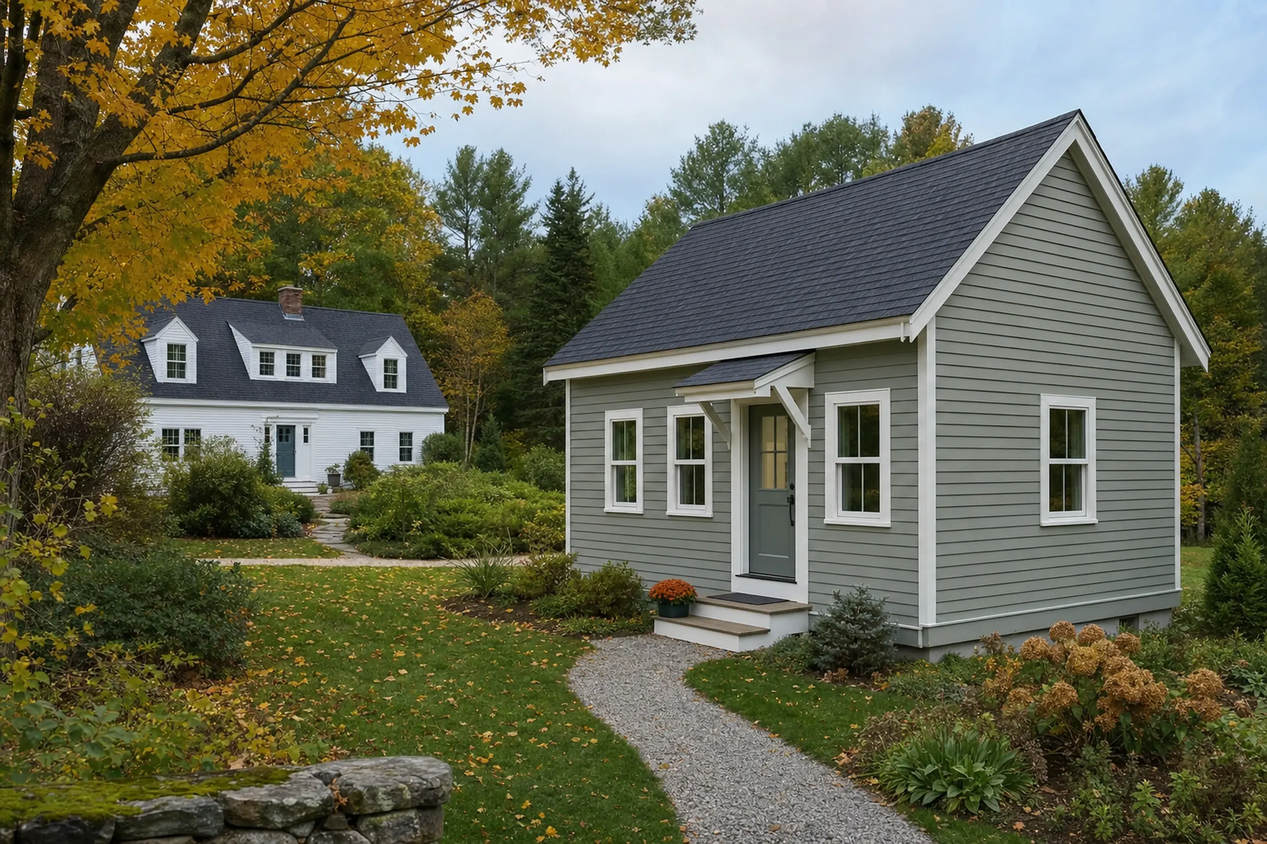 Two houses in a garden setting with green and white siding, surrounded by trees and plants.
