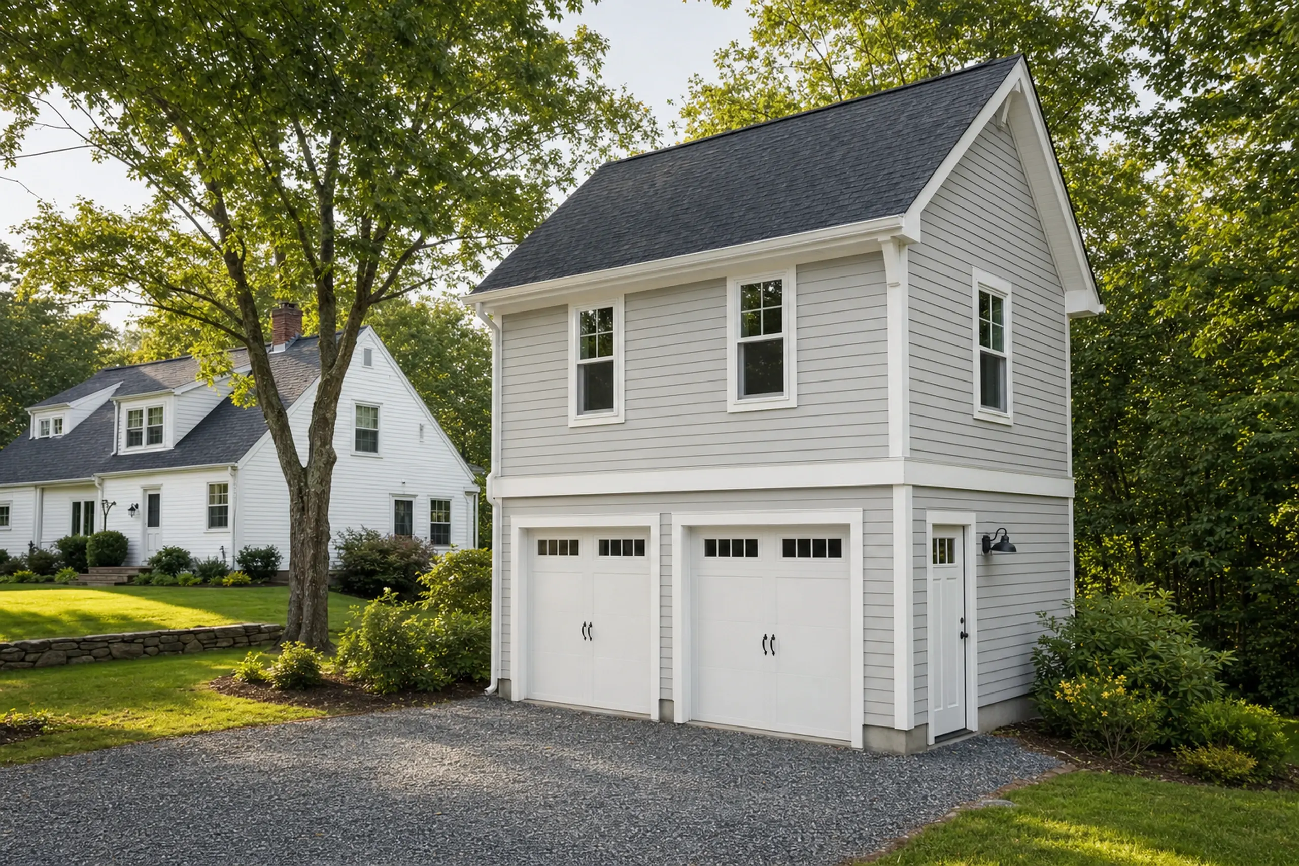 Gray two-story garage with white trim and two white garage doors in a green suburban setting.