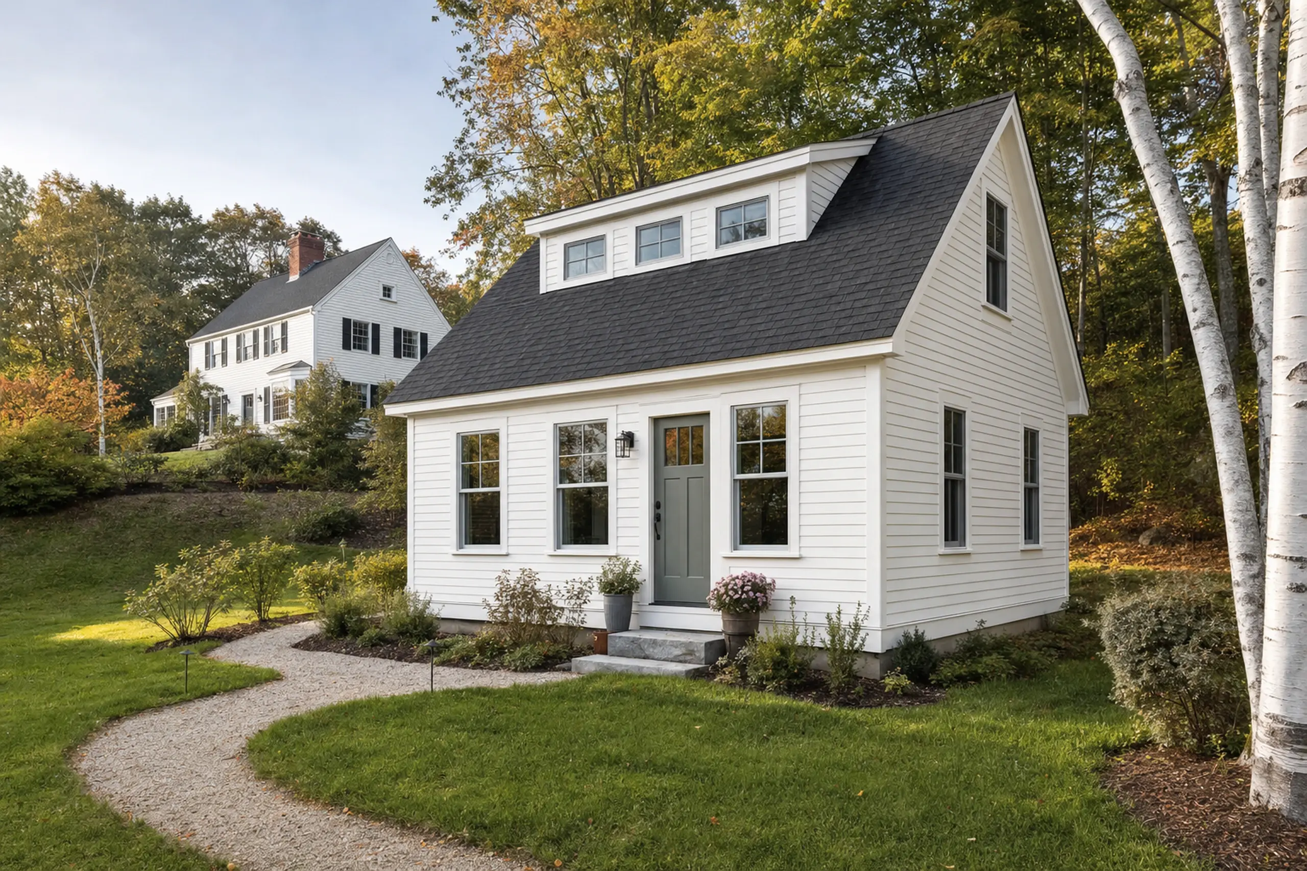 ADU builders in Westbrook, ME: White house with dark roof and green door in a grassy yard with trees and a gravel path.