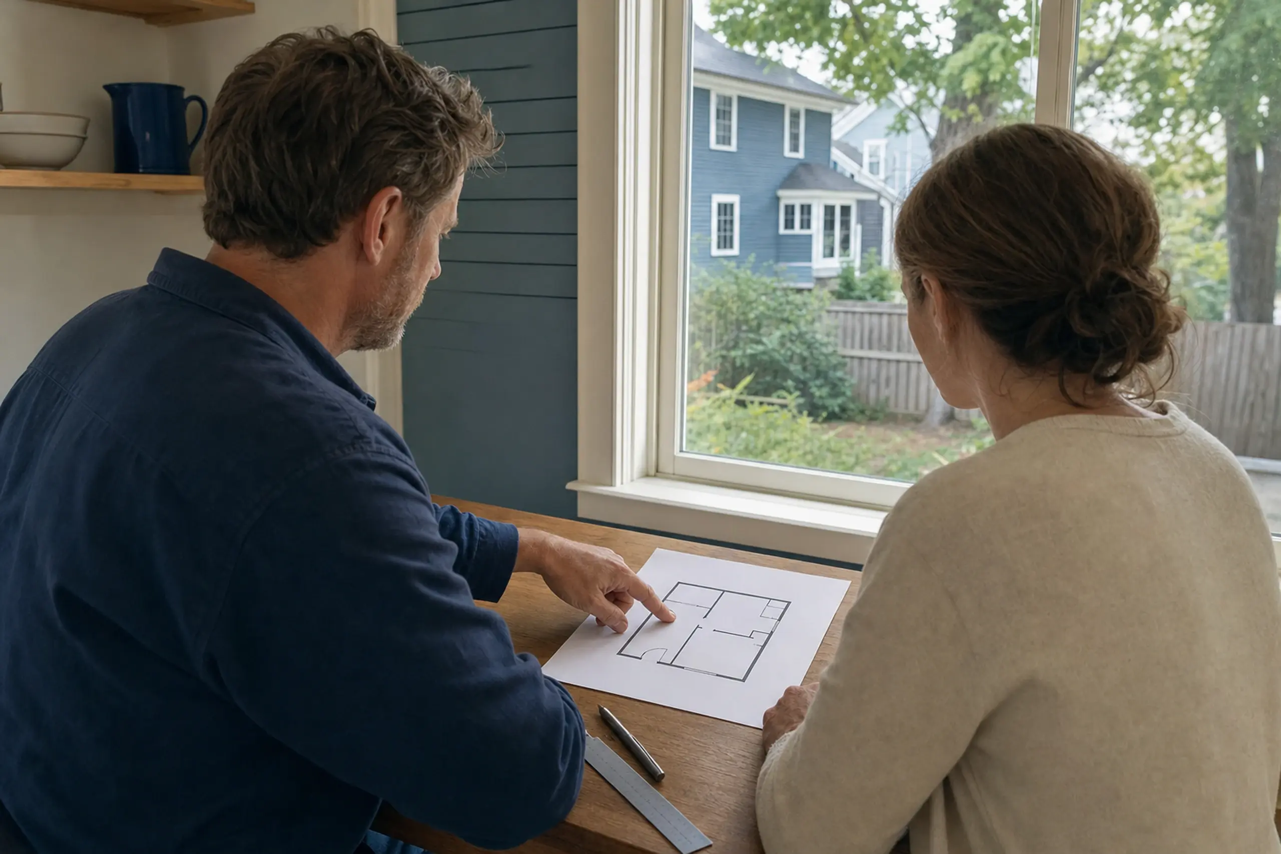 Two people inside a room with blue walls, looking at a floor plan on a wooden table near a window.
