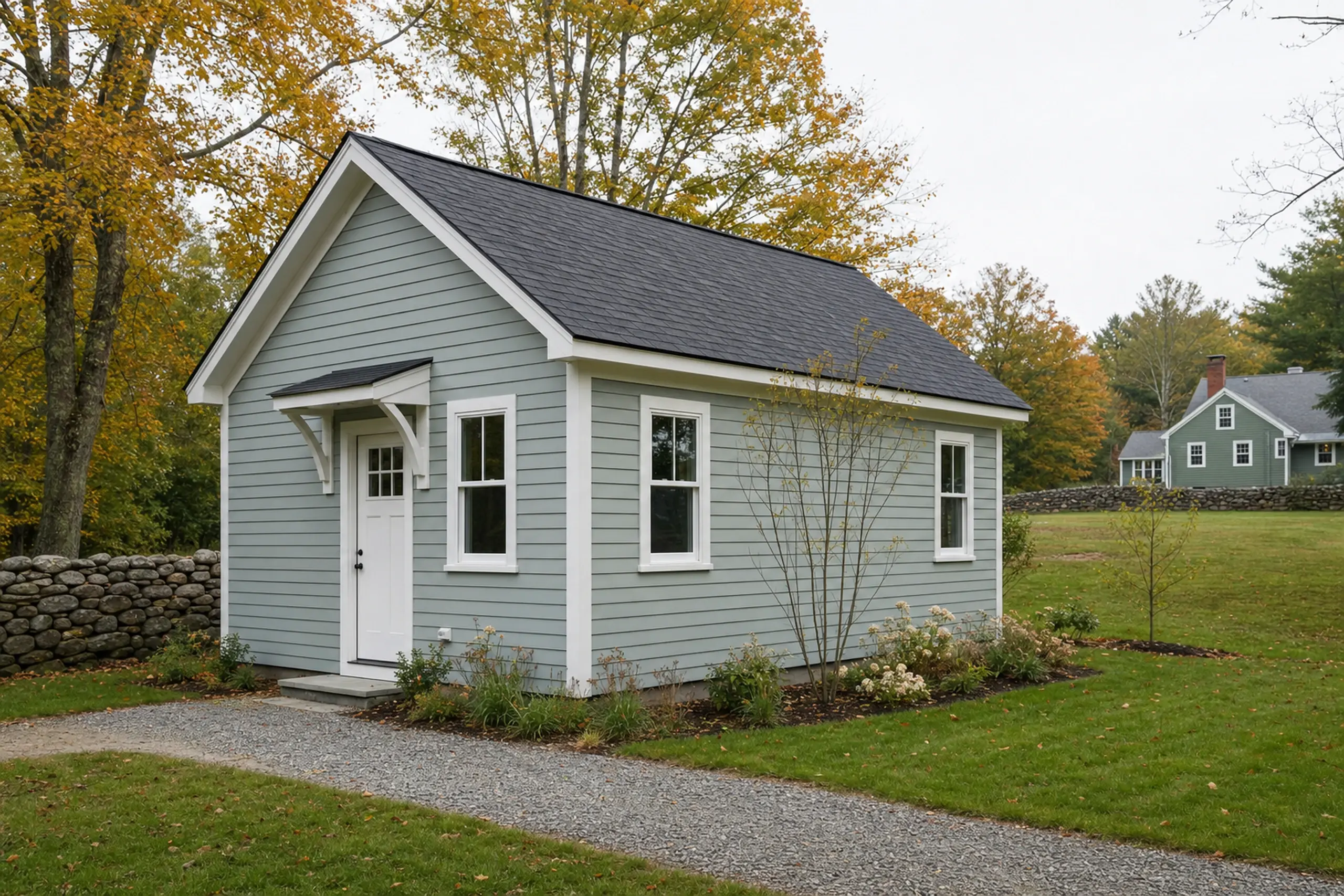 Small light blue house with white trim and black roof in a grassy yard with trees.