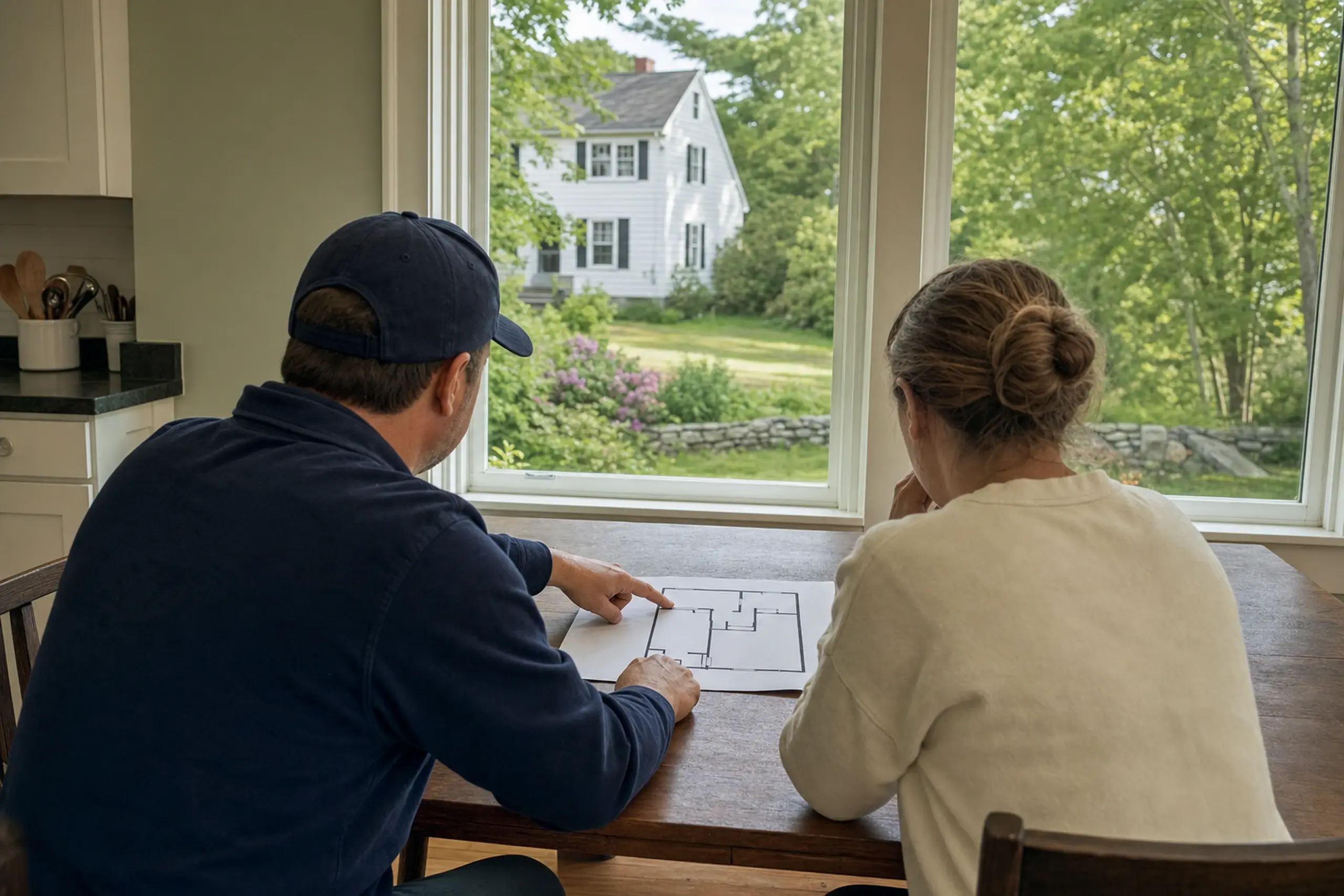Two people sit at a wooden table inside a kitchen, looking at a floor plan with a white house visible outside.