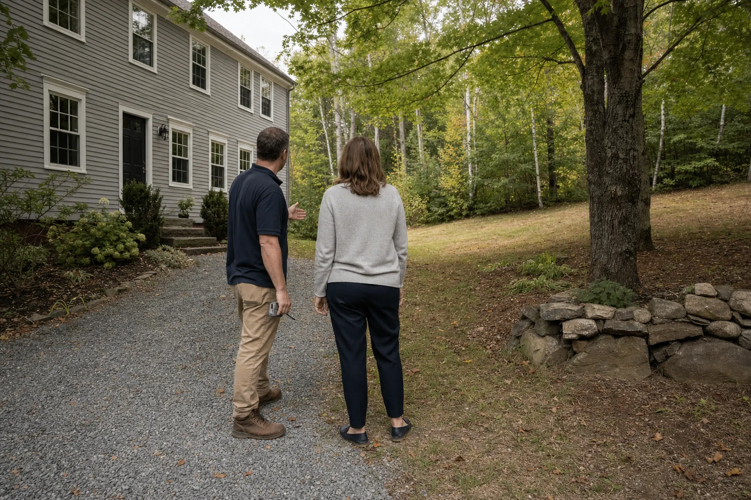 Two people stand on a gravel path beside a gray two-story house with white trim in a wooded area.