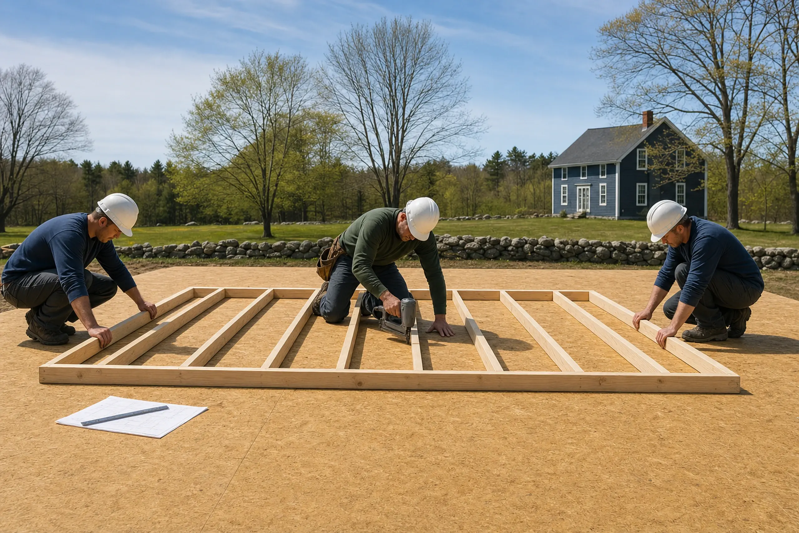 Three workers in white helmets assembling a wooden frame on a plywood surface outdoors near a blue house.