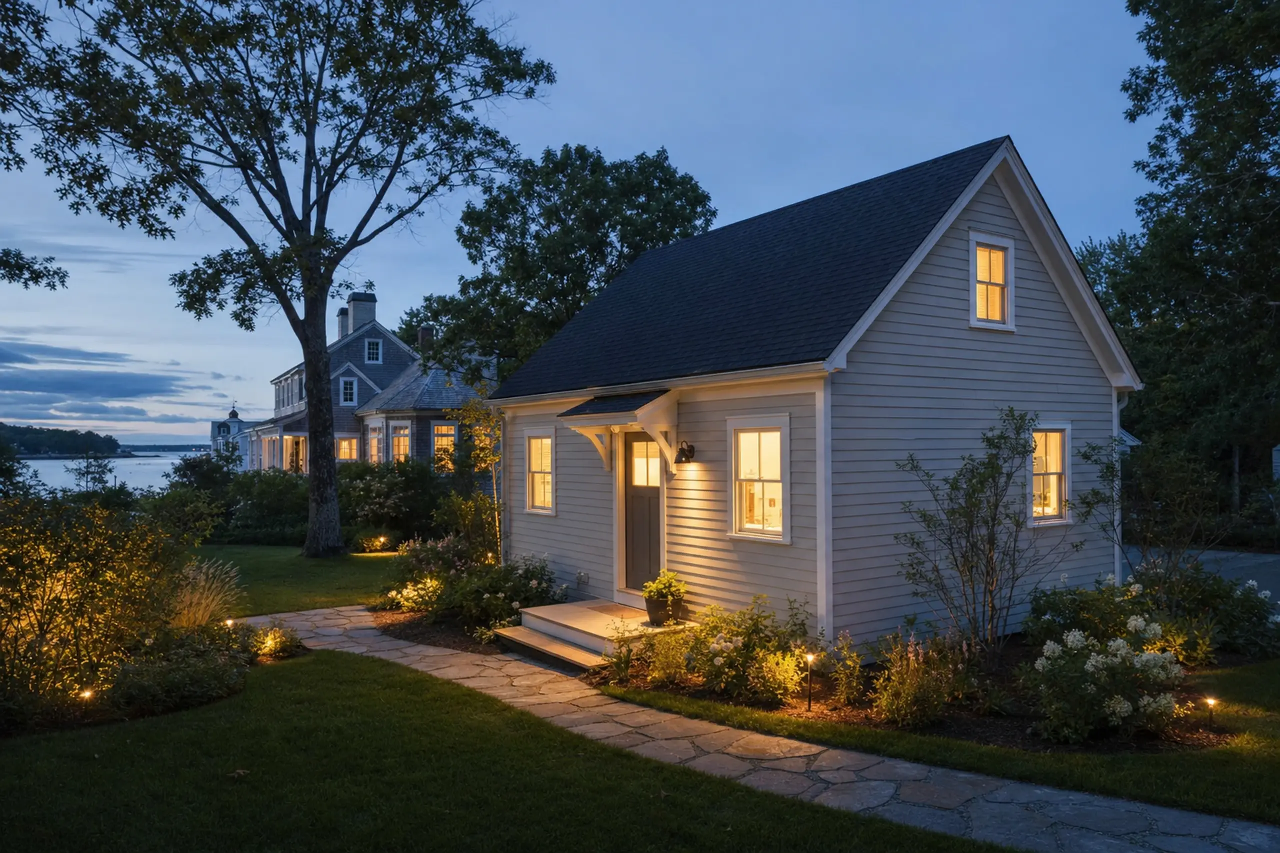 Small gray house with lit windows and a stone path in a garden at dusk near water.