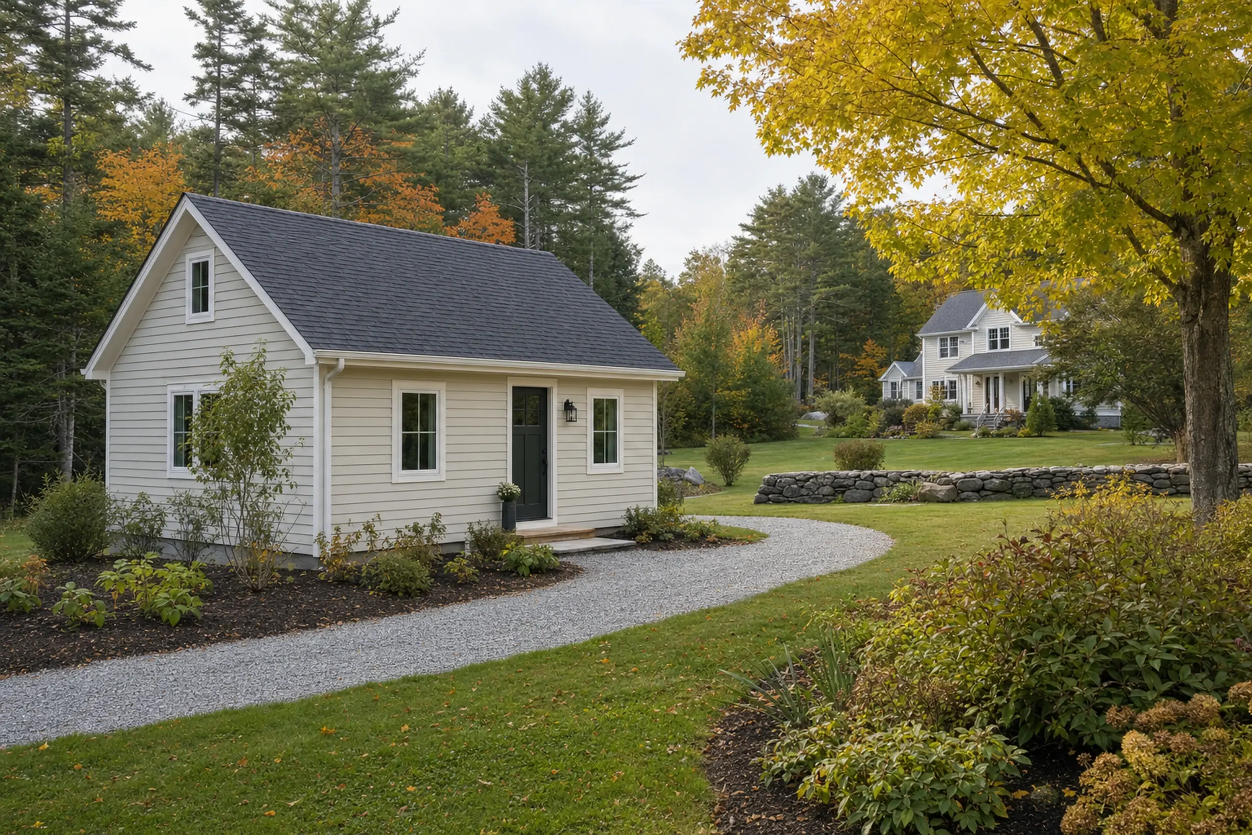 Small beige house with dark roof on a gravel path, surrounded by green grass and trees.