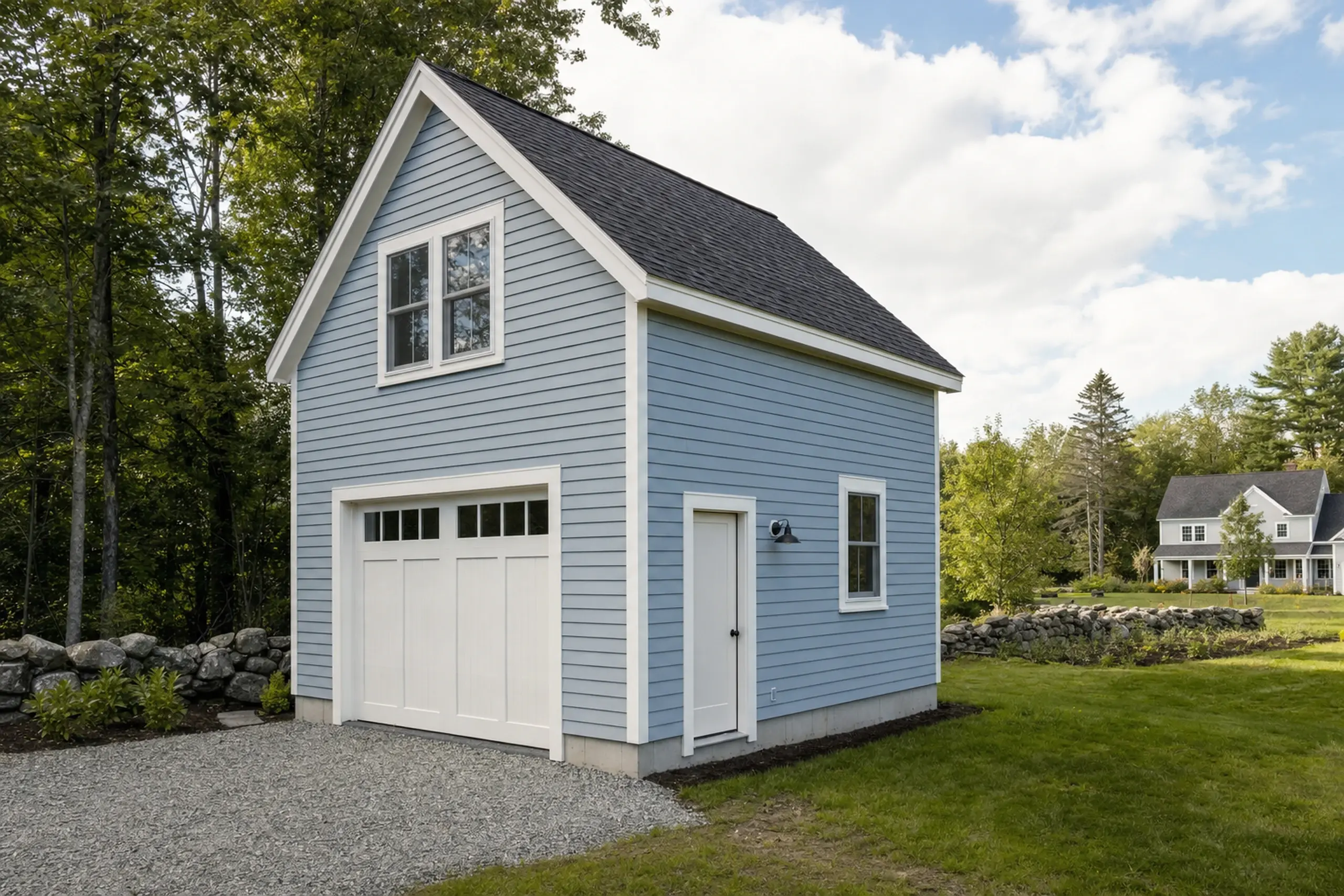 Blue two-story building with white trim, garage door, side door, and window in a grassy setting.