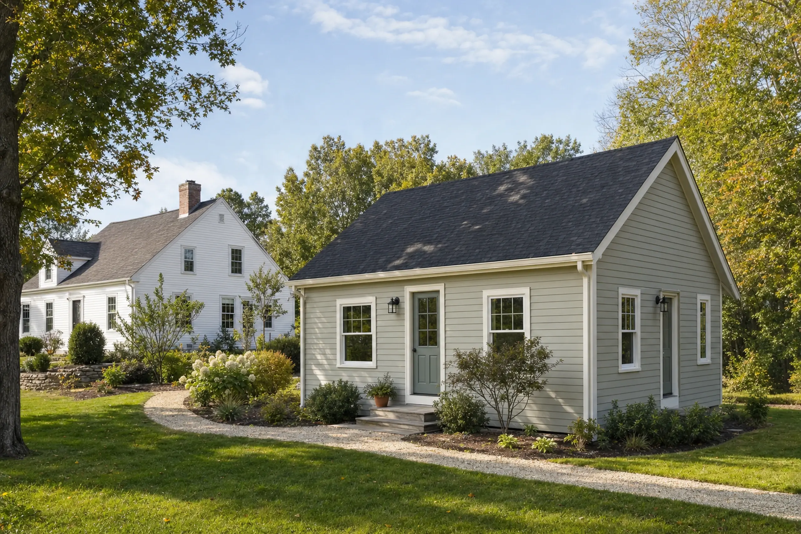 ADU builders in Windham, ME: Two houses with gray and white siding in a green yard with trees and shrubs under a blue sky.