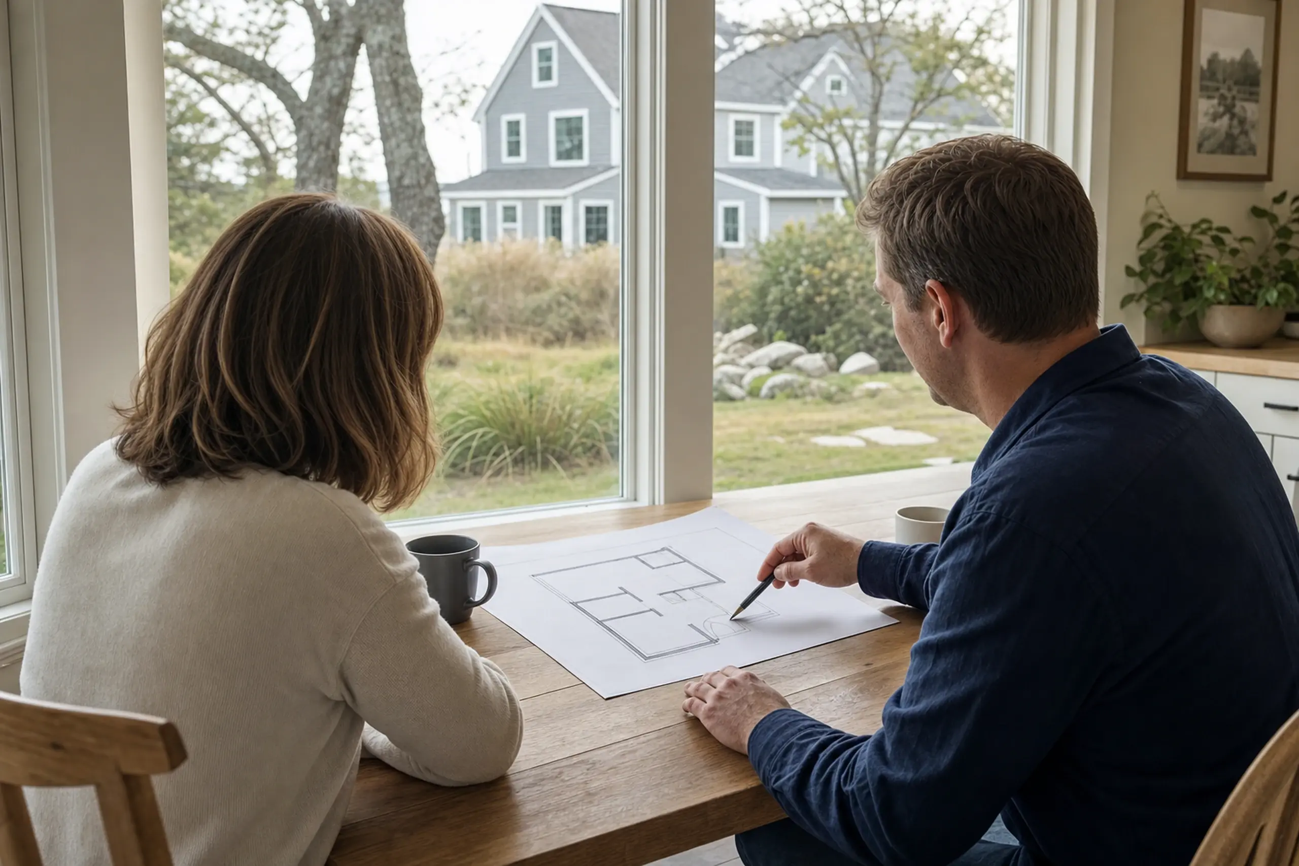 Two people sit at a wooden table inside, looking at a floor plan with gray houses visible outside.