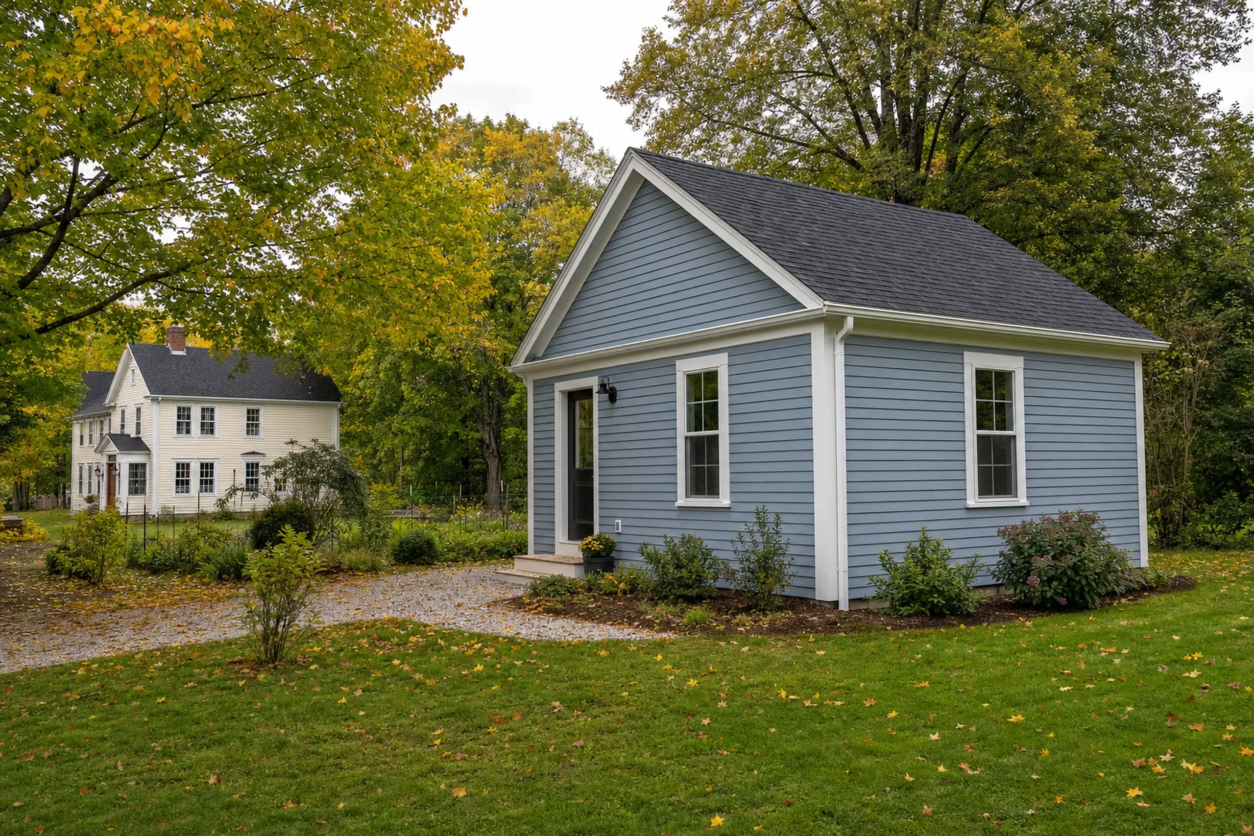 Small blue house with white trim in a green yard with trees and a larger white house in background.