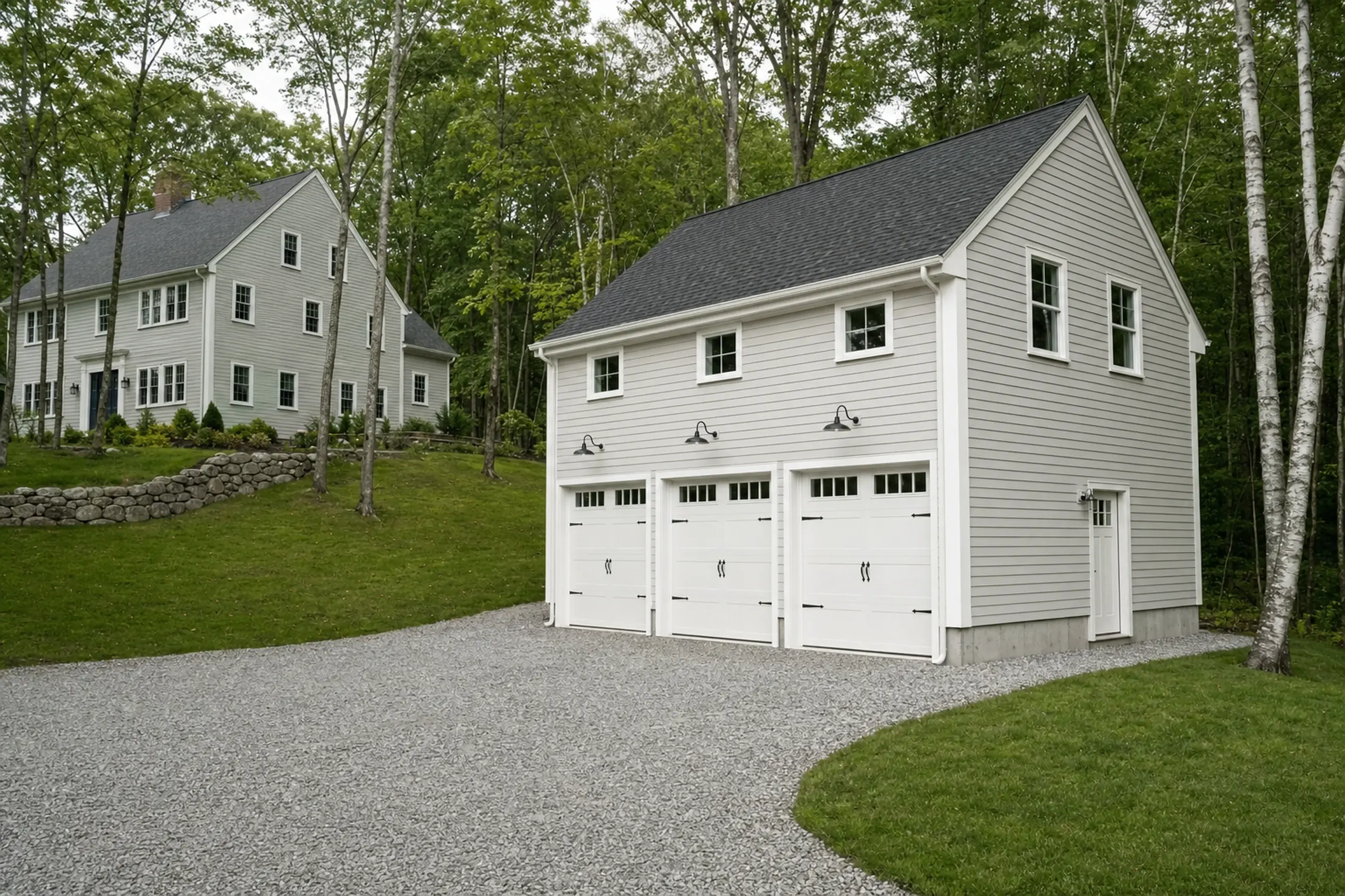 Gray two-story garage with three white doors and a white house in a green wooded setting.