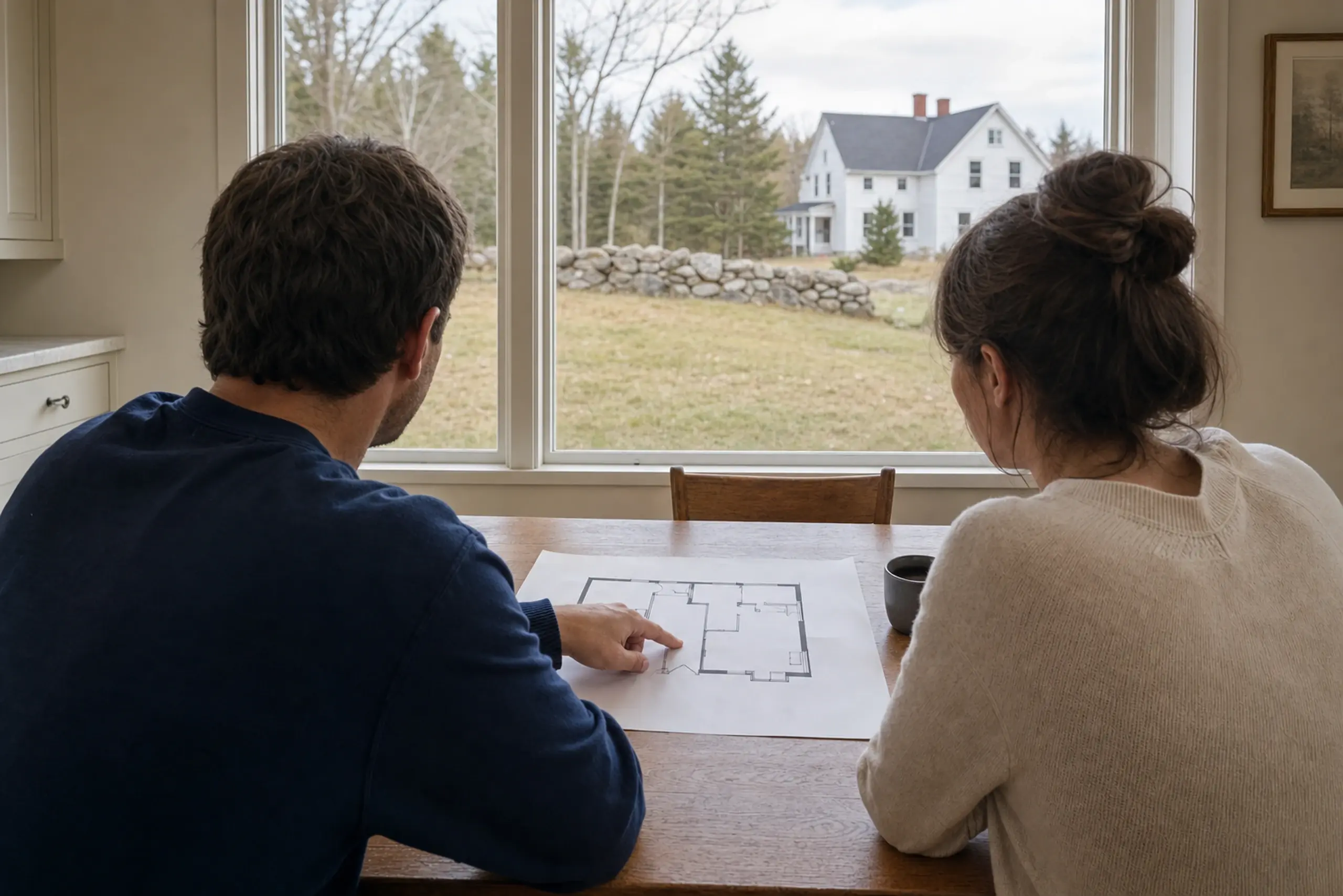 Two people sit at a wooden table inside, looking at a floor plan with a white house visible outside.