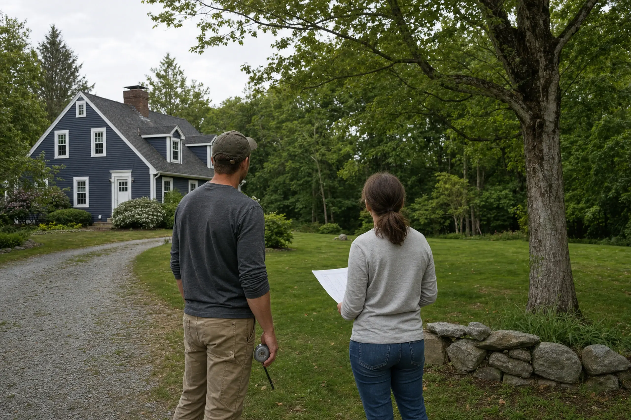Two people stand on a grassy area near a gravel driveway facing a blue house with white trim.