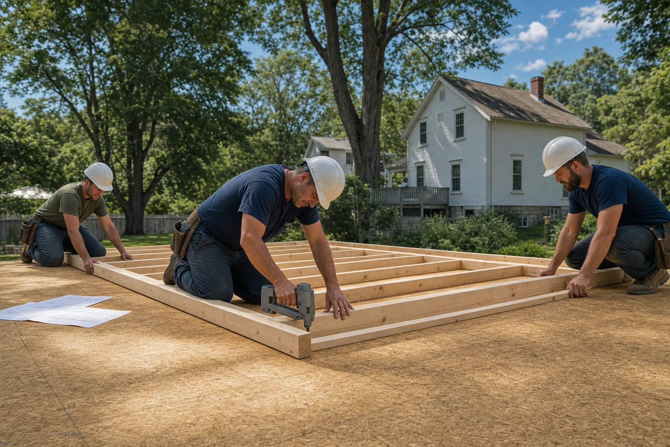 Three men in hard hats building a wooden frame on a plywood floor outdoors near white houses.