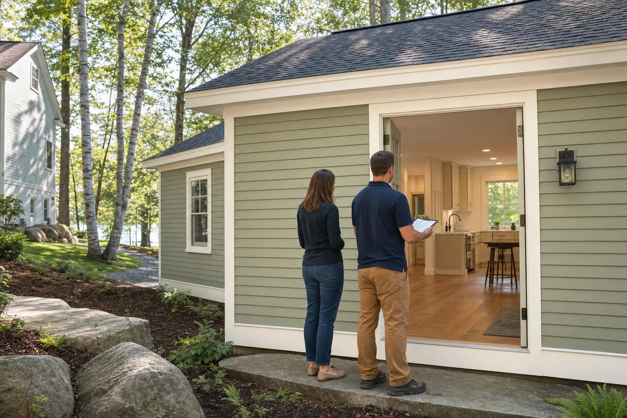 Green house with white trim and open door, two people standing outside on stone step.