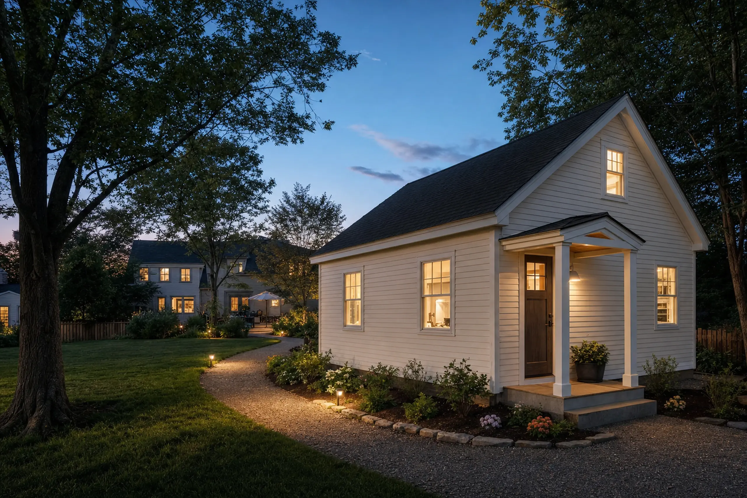 White house with lit windows at dusk, surrounded by trees and a curved gravel path with lights.