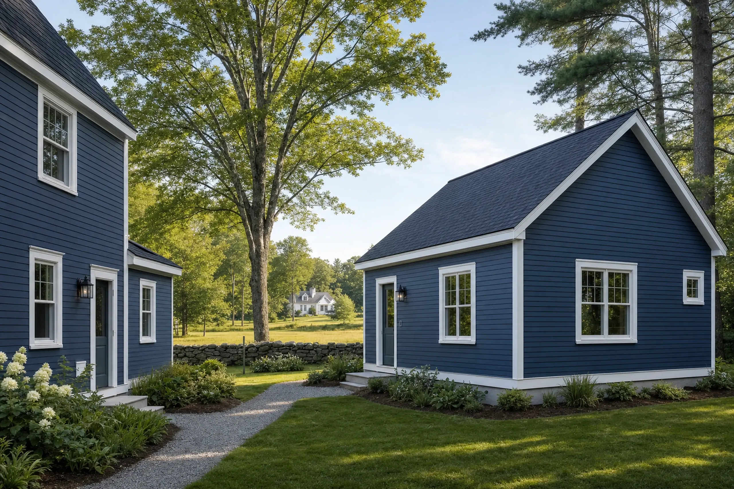 Two blue houses with white trim in a green yard with trees and a gravel path.