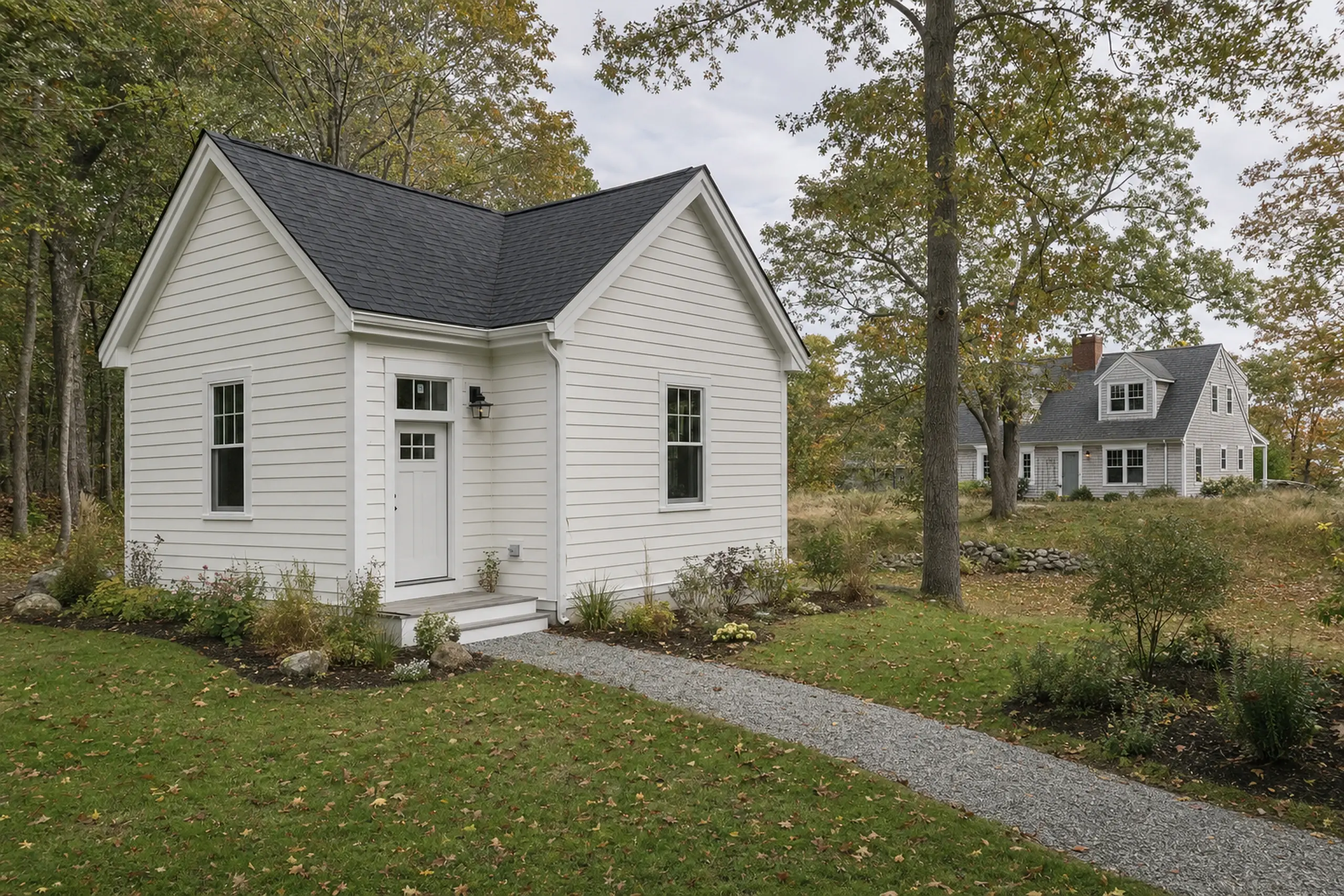 Small white house with black roof in a grassy yard with trees and a larger house in the background.