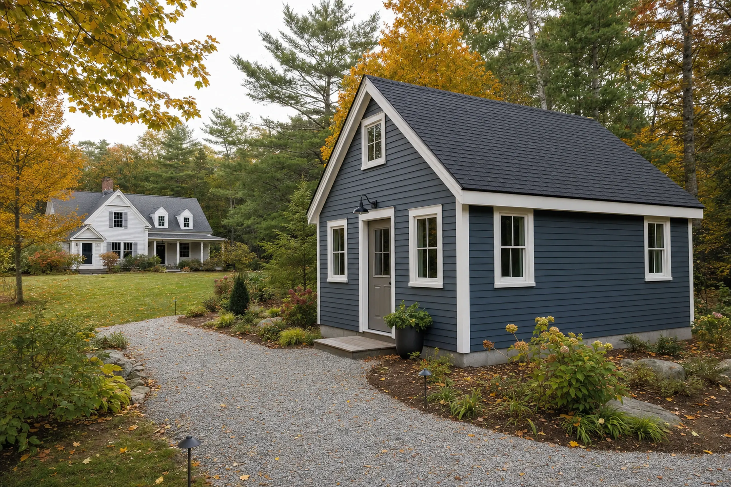 Blue small house with white trim near a gravel path and a white house in a wooded autumn setting.