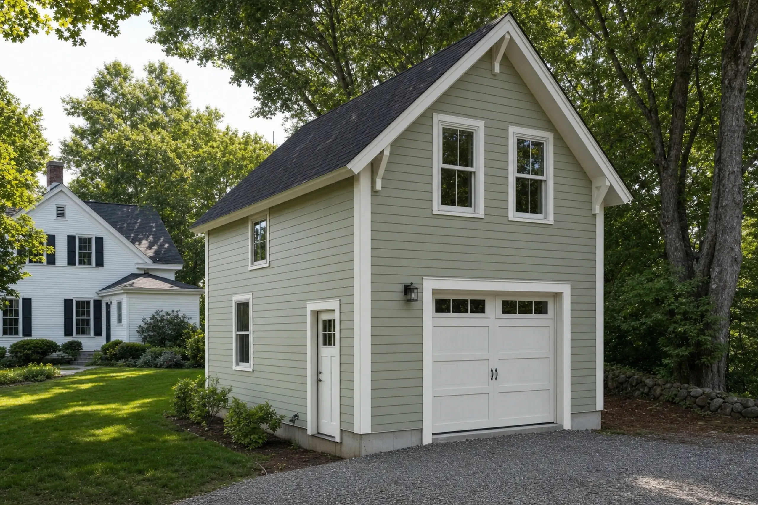 Light green two-story garage with white trim and black roof in a leafy suburban setting.