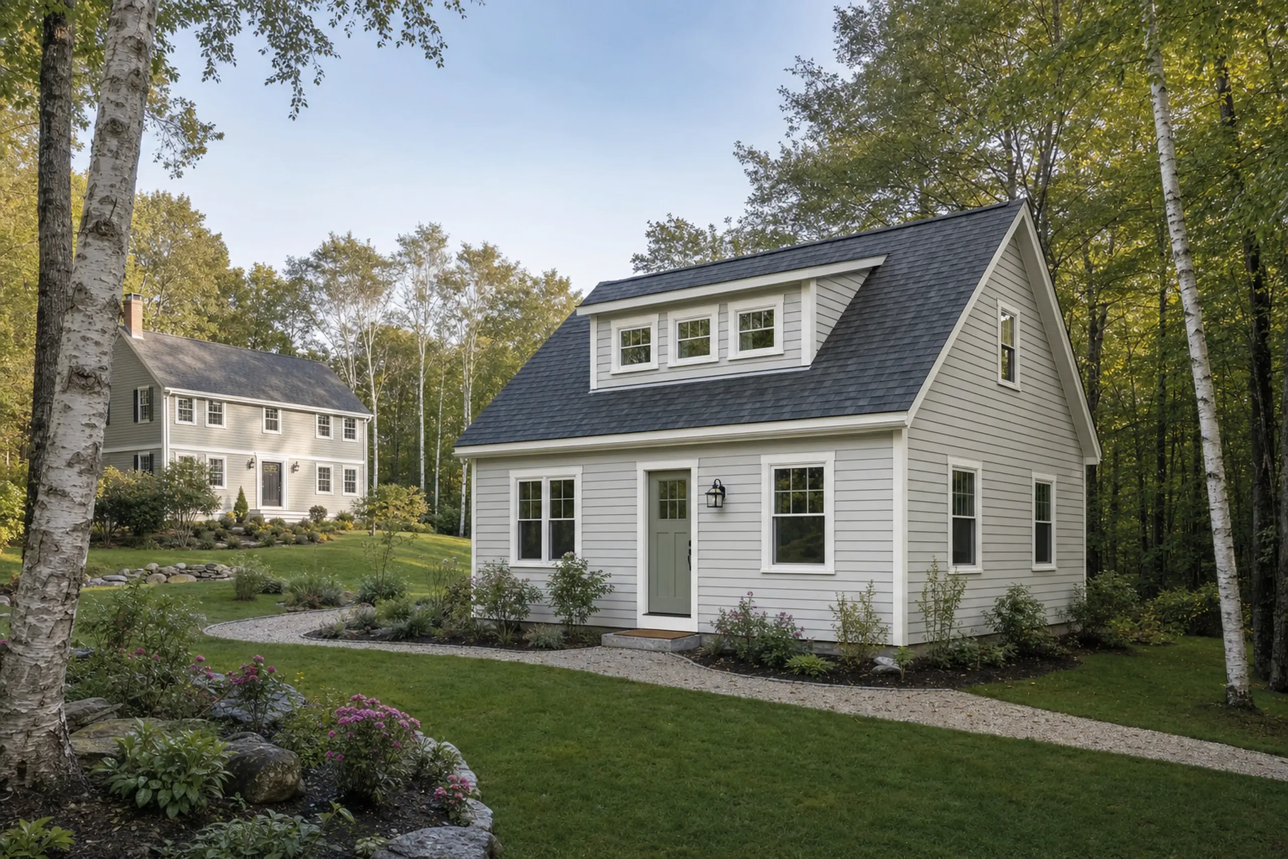 ADU builders in Yarmouth, ME: Two gray houses with white trim in a green, wooded yard under a clear sky.
