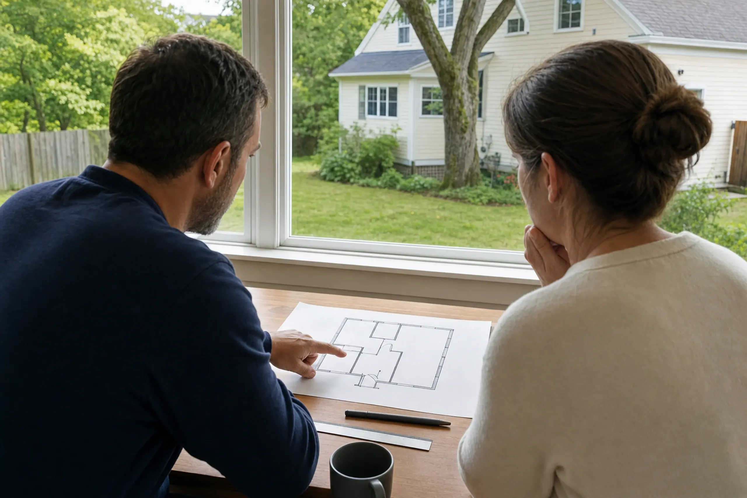 Two people indoors looking at a floor plan on a wooden table near a window with a yellow house outside.