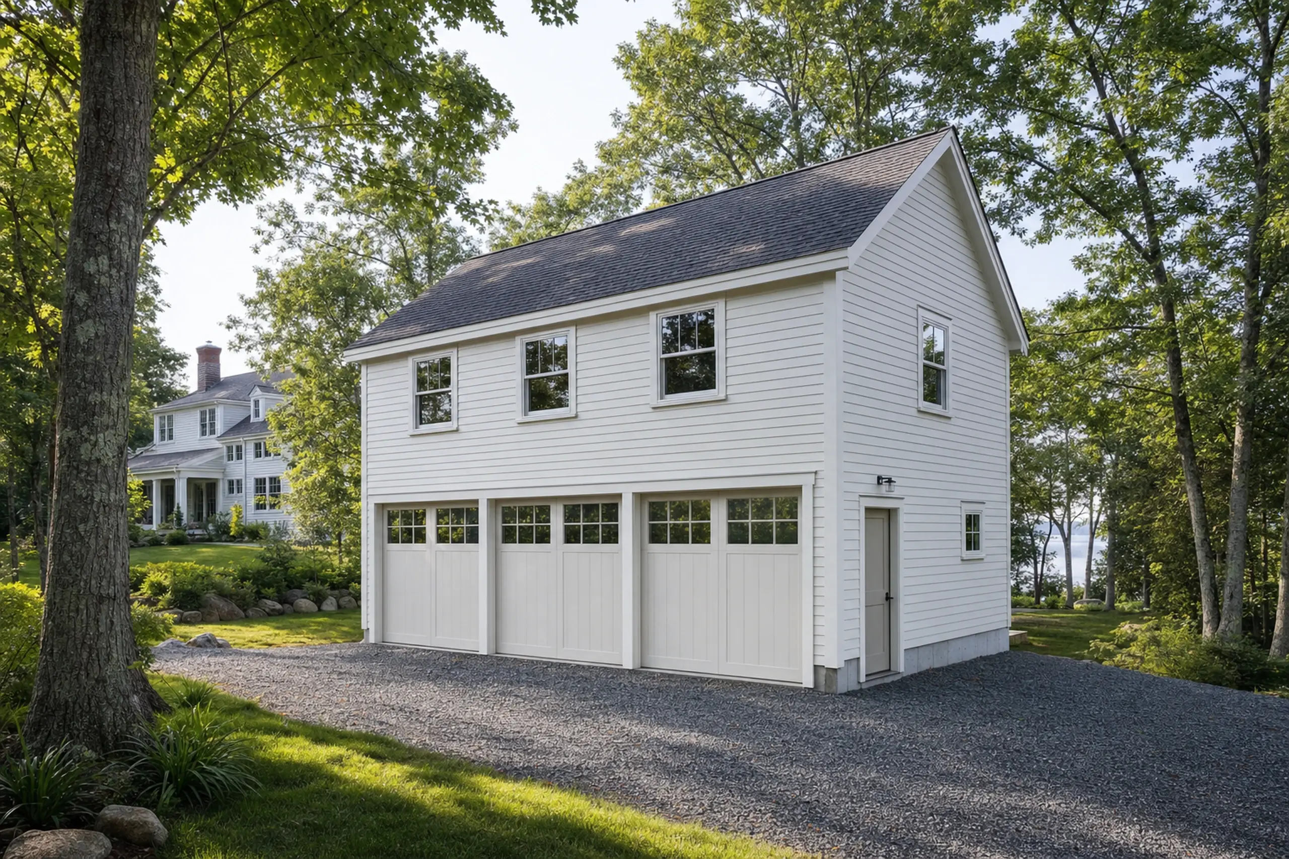 White two-story garage with three doors and side entry, surrounded by trees and gravel driveway.