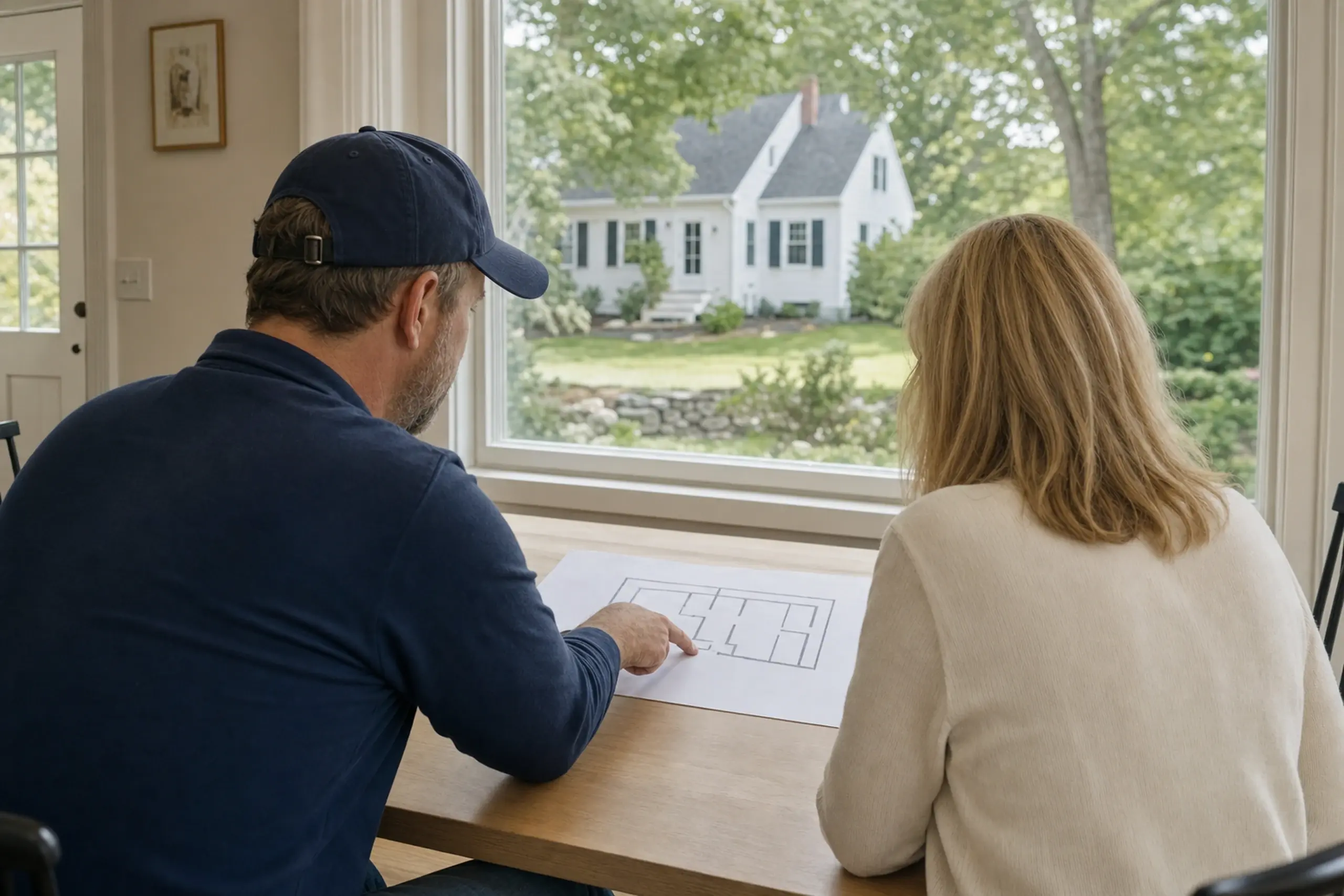 Two people inside a house looking at a floor plan with a white house visible outside the window.