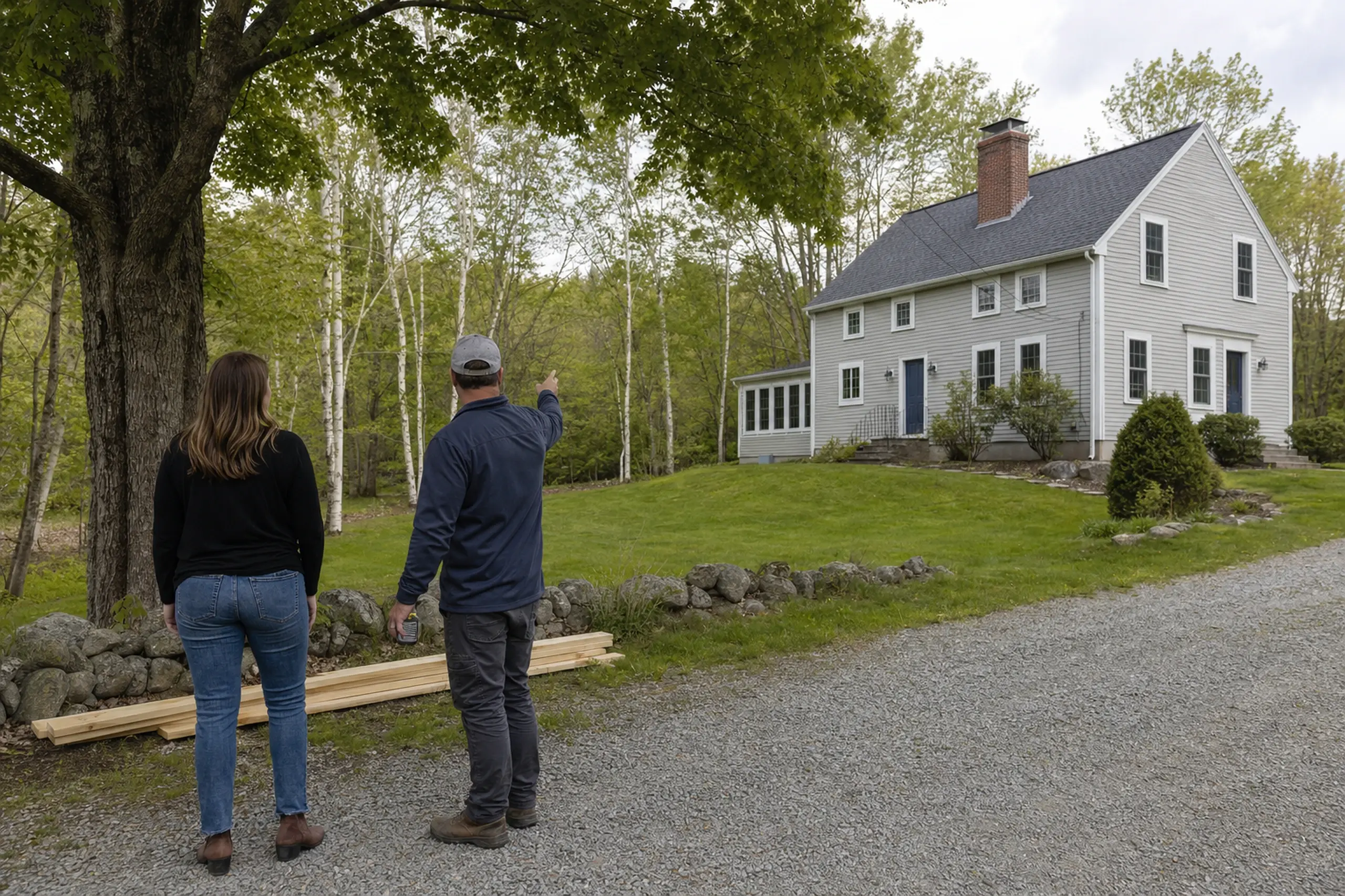 Gray two-story house with blue doors on a grassy lawn, two people standing on gravel driveway.