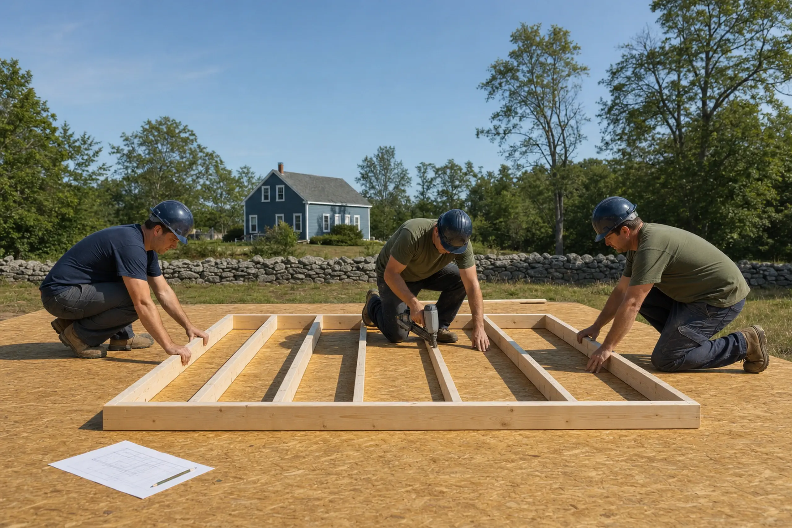 Three men in helmets assembling a wooden frame on a plywood surface outdoors with a blue house in background.