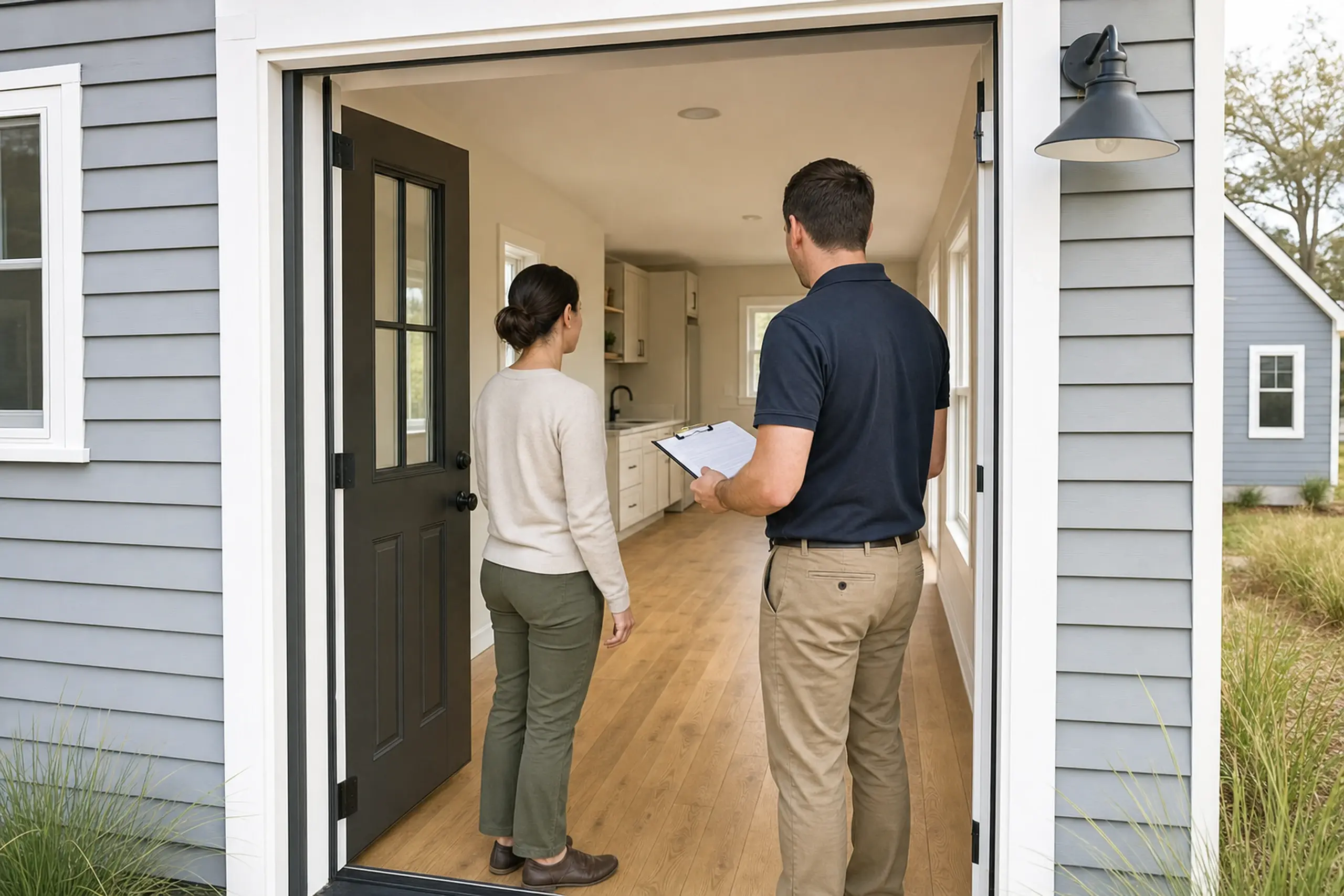 Two people stand inside a gray house with white trim and wooden flooring.