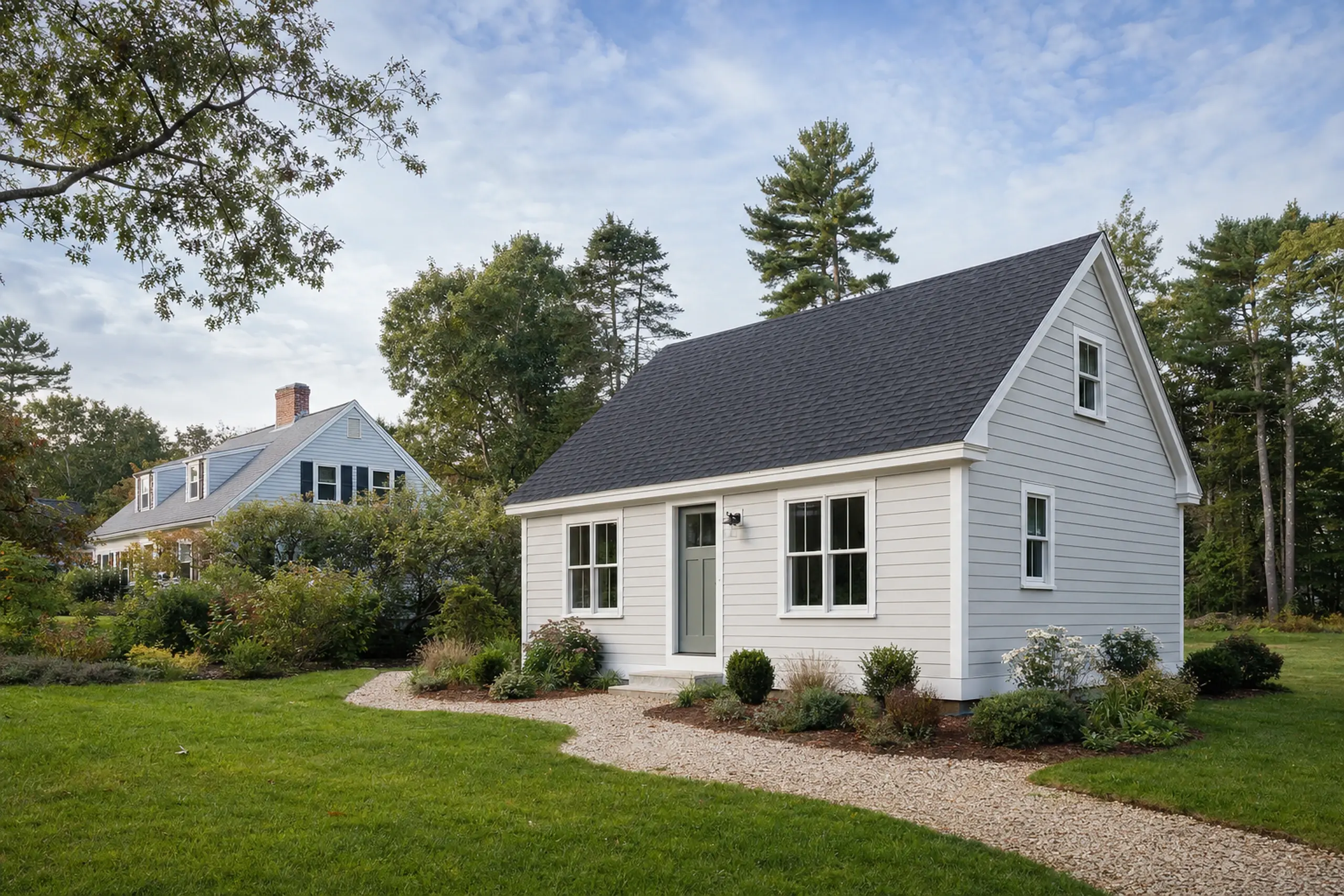Small white house with dark roof in a green yard with trees and a gravel path.