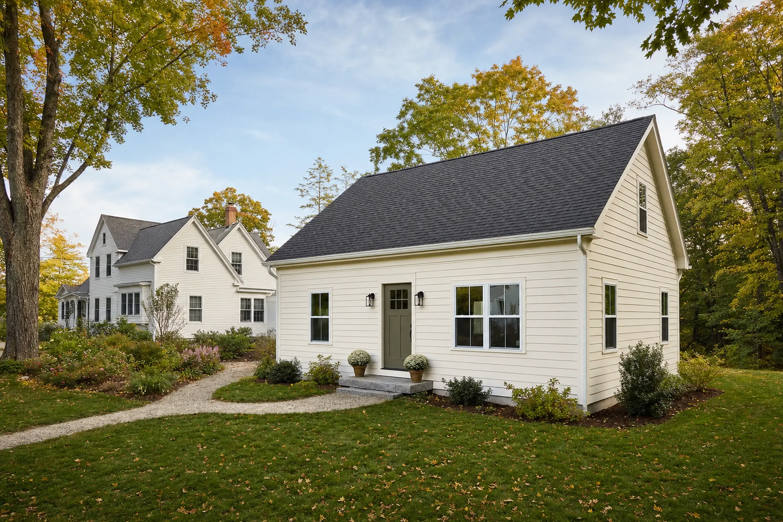 Two white houses with dark roofs in a green yard with trees and a gravel path.