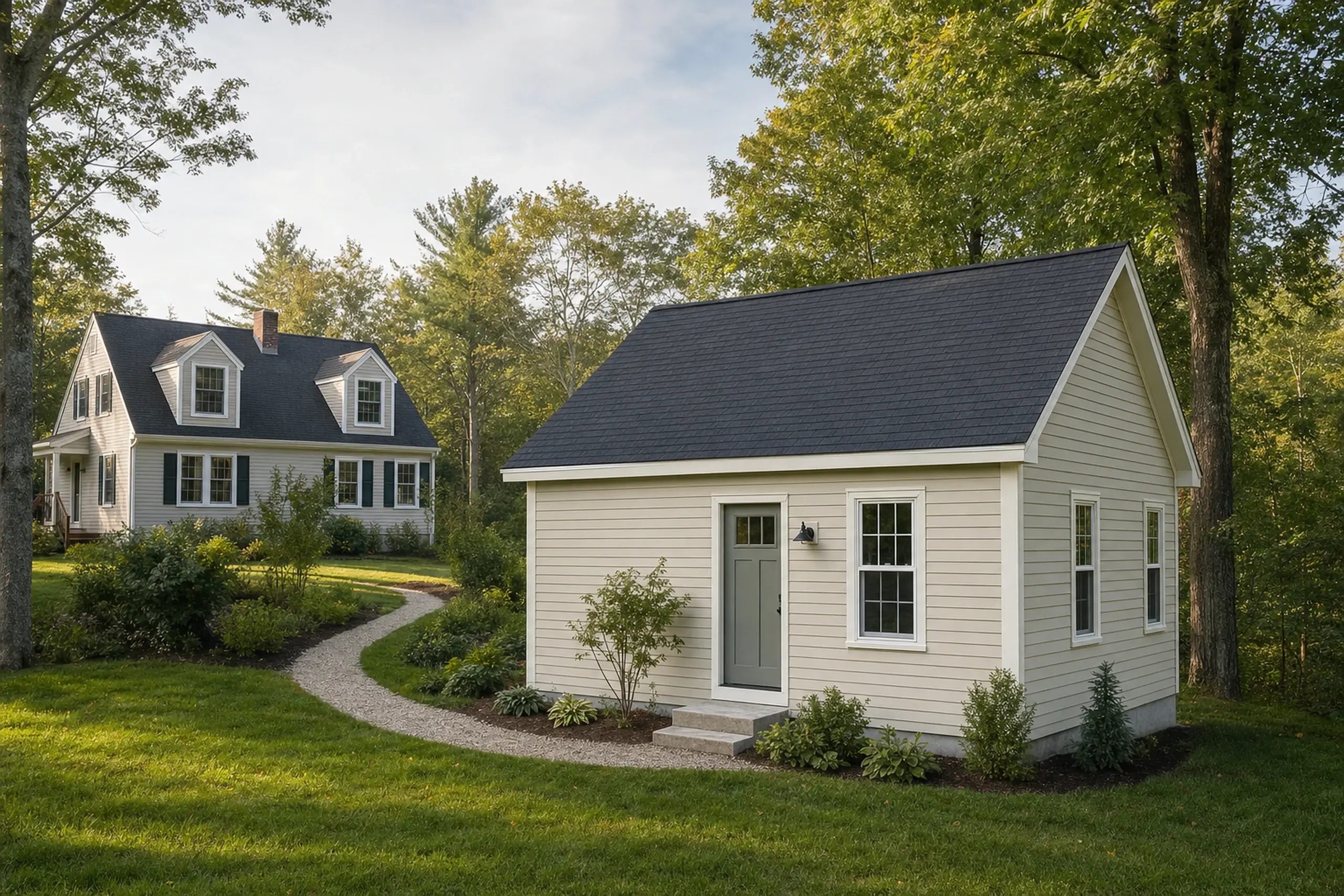 Two beige houses with dark roofs in a green yard with trees and a gravel path.